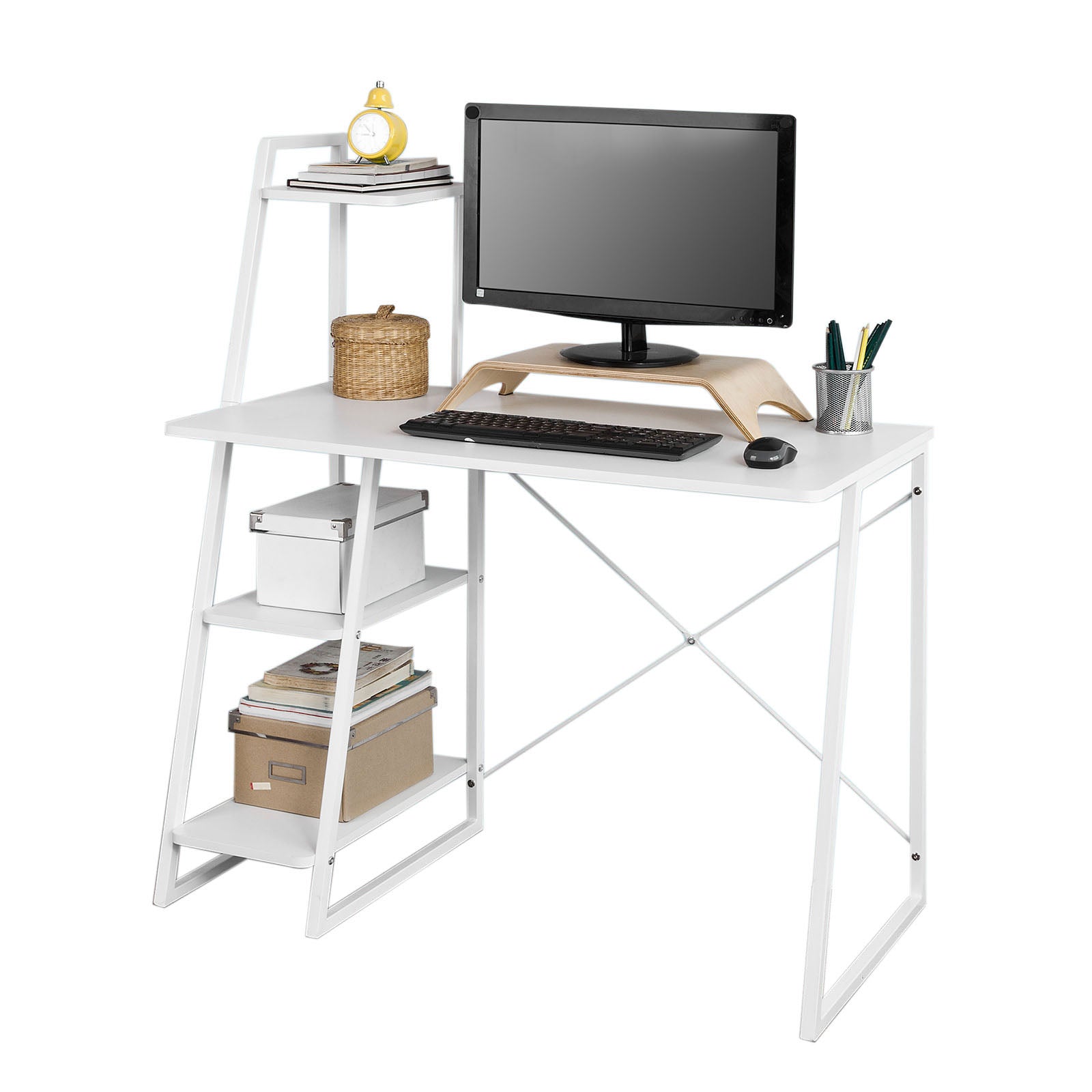 SoBuy Home White Office Wood Computer Table with Storage Rack,FWT29-W