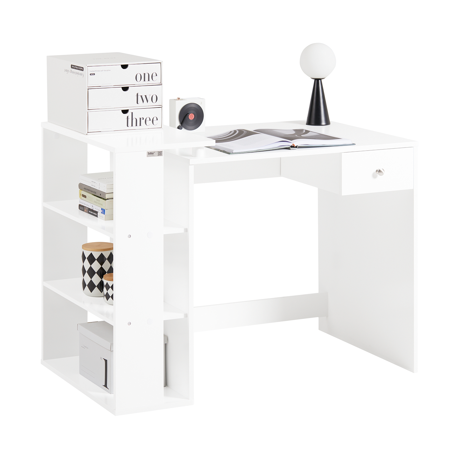 SoBuy Home Office Table Desk Computer Desk Computer Workstation with Drawer and Storage Shelves FWT35-W