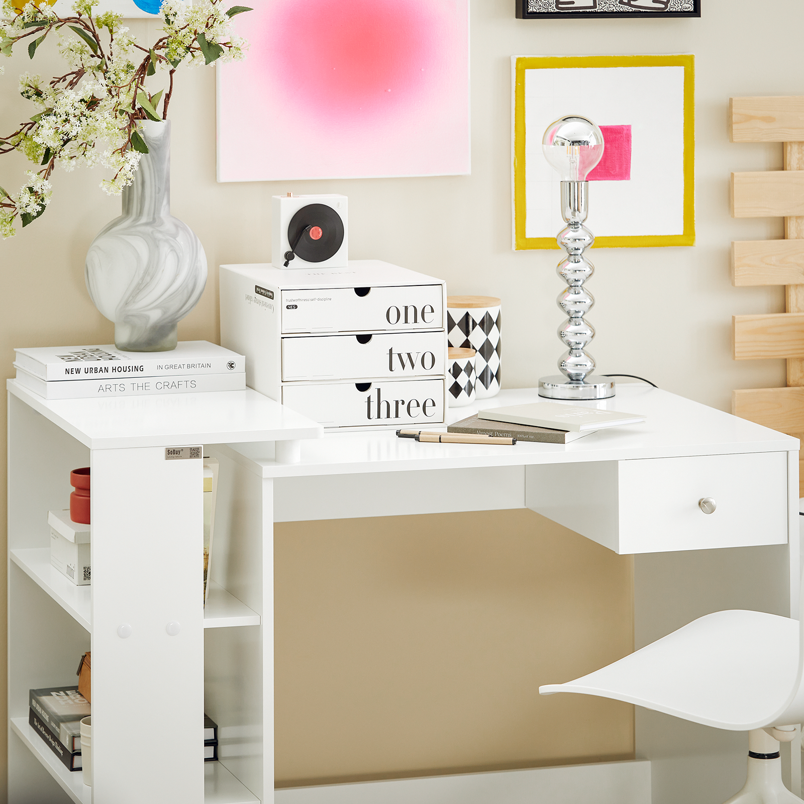 SoBuy Home Office Table Desk Computer Desk Computer Workstation with Drawer and Storage Shelves FWT35-W