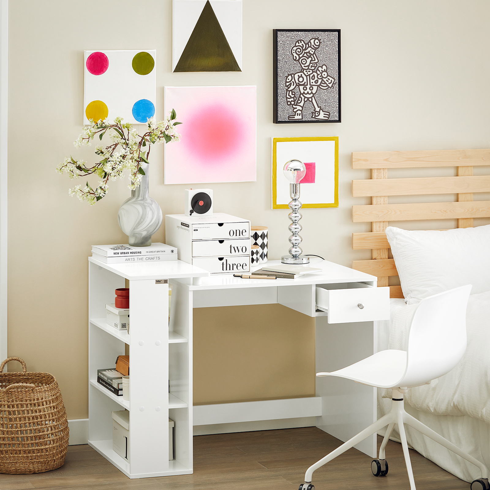 SoBuy Home Office Table Desk Computer Desk Computer Workstation with Drawer and Storage Shelves FWT35-W