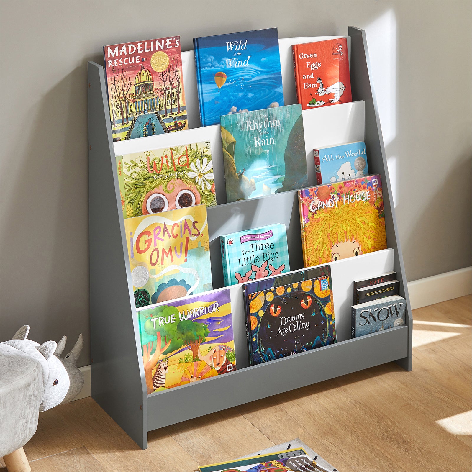SoBuy Children's Bookcase Newspaper Rack with 4 Shelves Storage Shelf for Children KMB32-HG