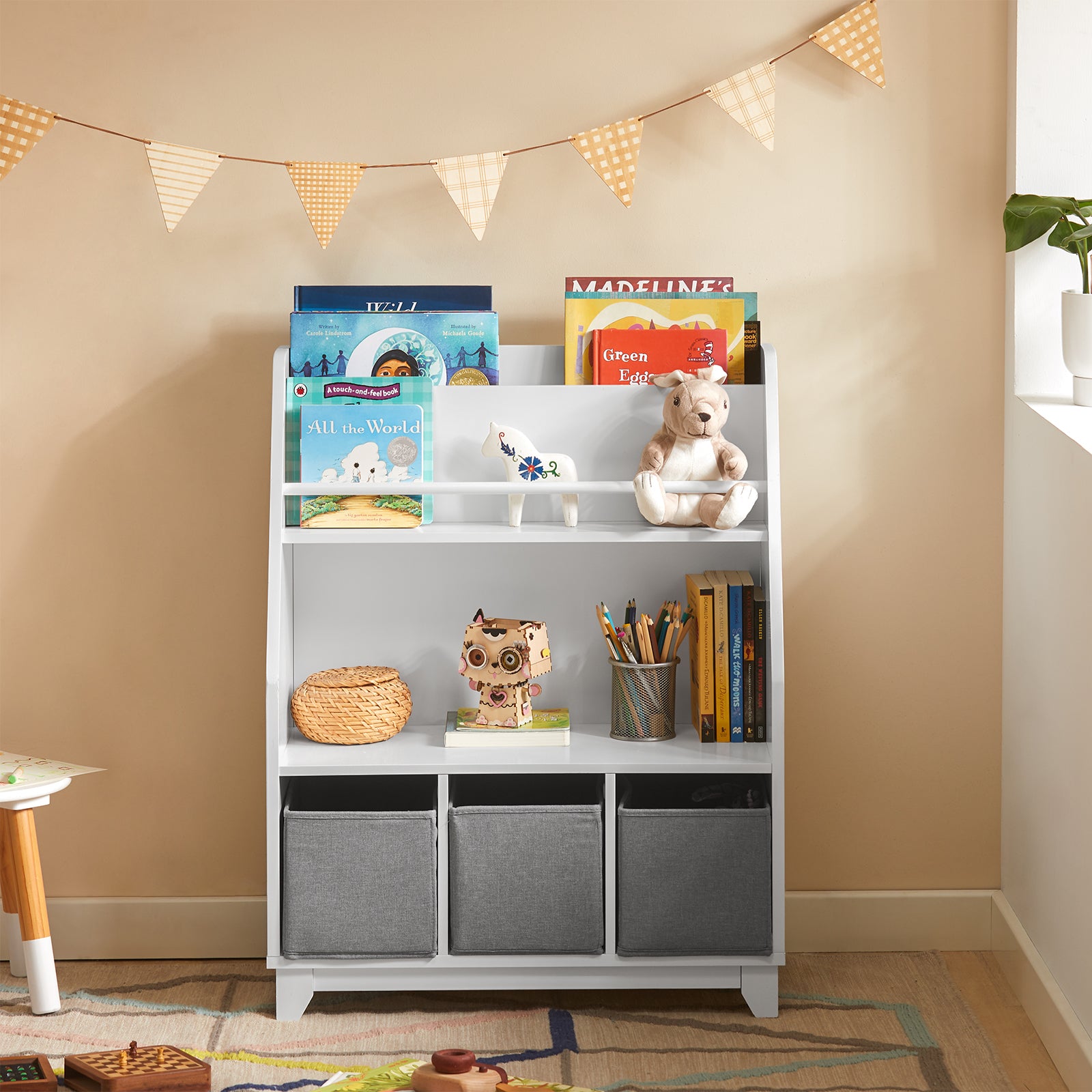 SoBuy KMB34-W, Children Kids Bookcase Book Shelf Toy Shelf Storage Display Shelf Rack Organizer with 3 Fabric Drawers