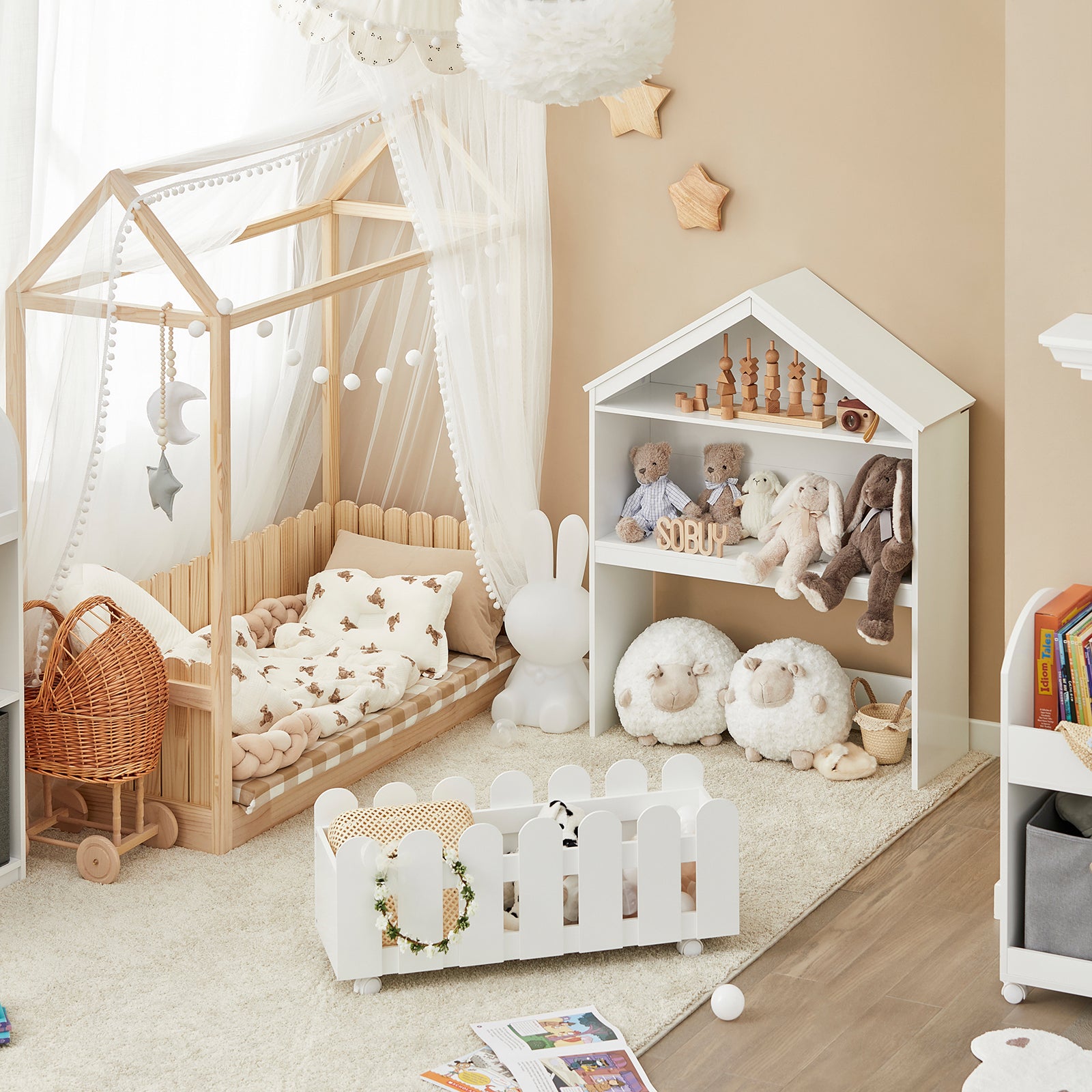 SoBuy KMB52-W, Children Kids Bookcase Book Shelf Storage Display Shelf with Mobile Toy Storage Chest