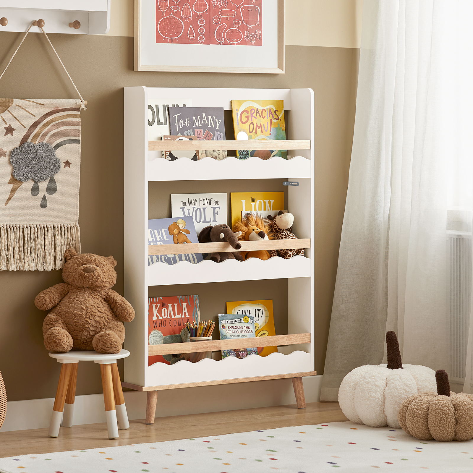 SoBuy KMB77-W Children Kids Bookcase Book Shelf Wall Shelf 3 Tiers Storage Shelf Rack