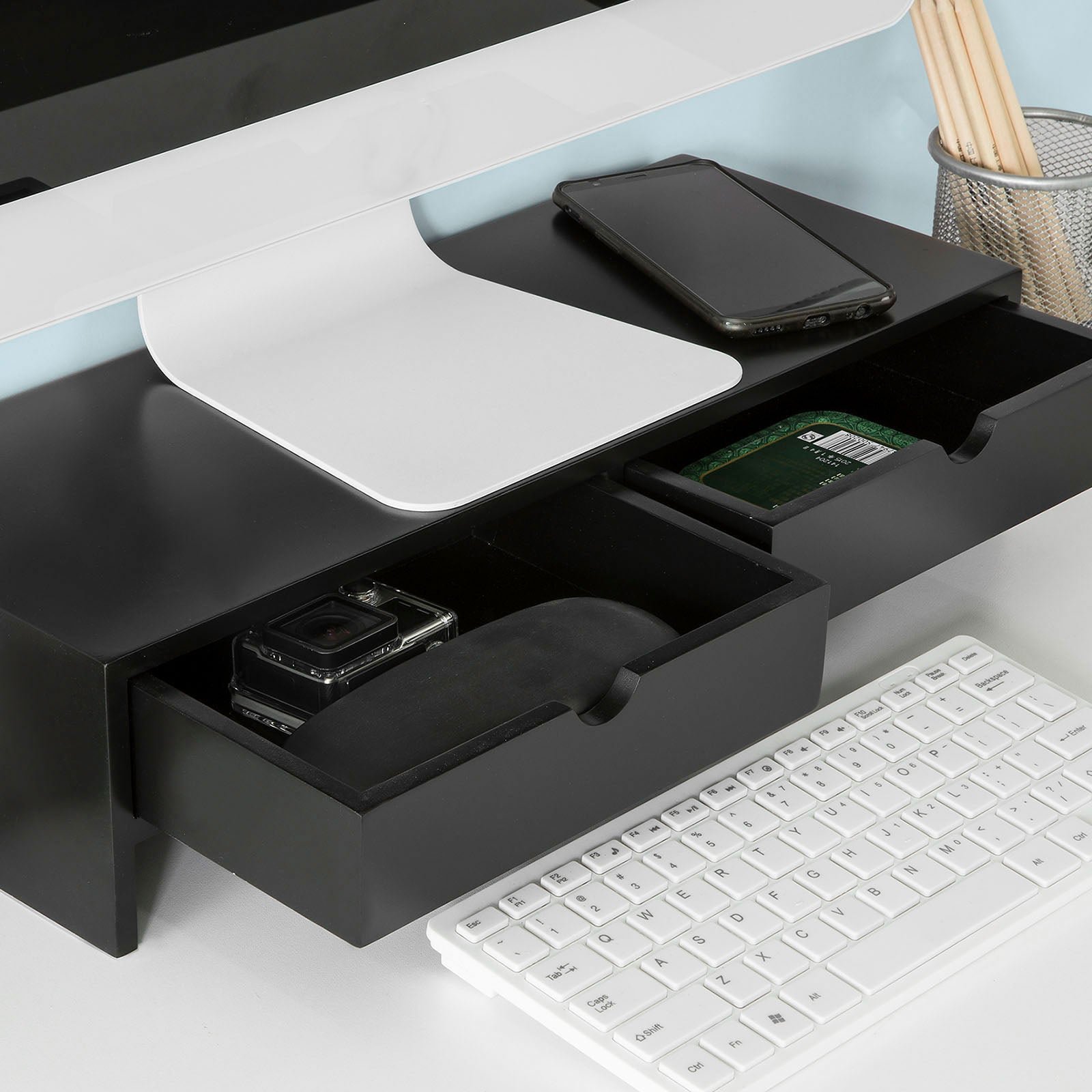 SoBuy BBF02-SCH, Monitor Stand Computer Screen Monitor Stand Monitor Riser Desk Organizer with 2 Drawers