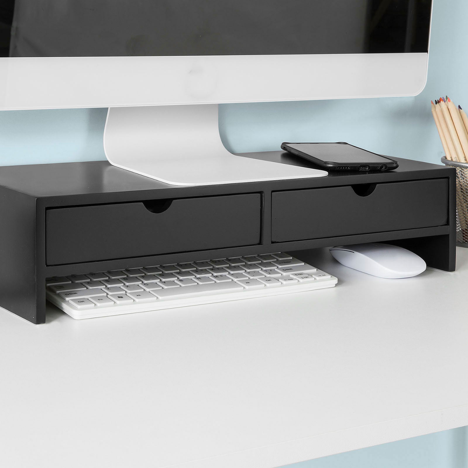 SoBuy BBF02-SCH, Monitor Stand Computer Screen Monitor Stand Monitor Riser Desk Organizer with 2 Drawers