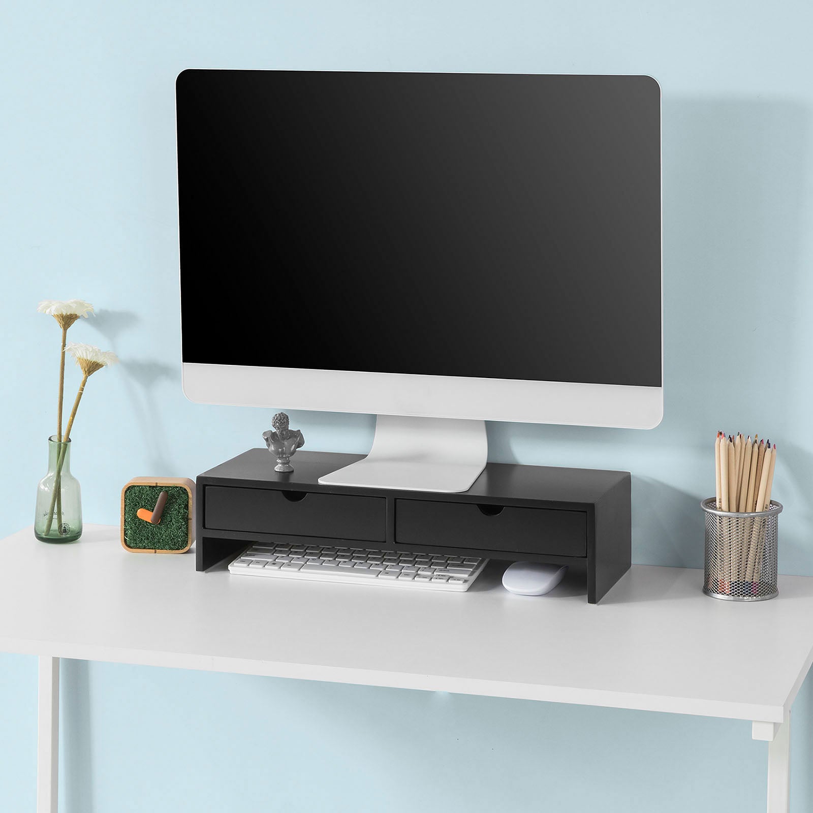 SoBuy BBF02-SCH, Monitor Stand Computer Screen Monitor Stand Monitor Riser Desk Organizer with 2 Drawers