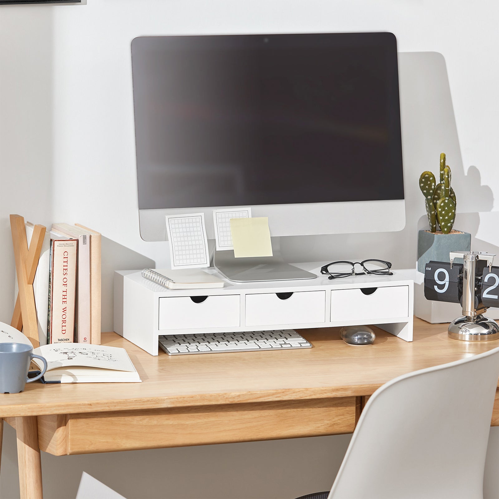SoBuy BBF03-W, Monitor Stand Computer Screen Monitor Stand Monitor Riser Desk Organizer with 3 Drawers