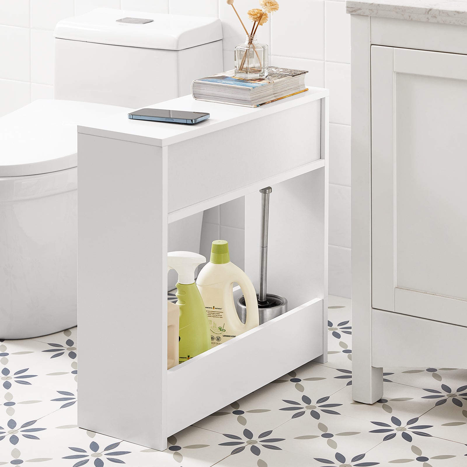 SoBuy BZR48-W, Bathroom Toilet Paper Roll Holder, Bathroom Shelf Narrow Shelf Storage Cabinet