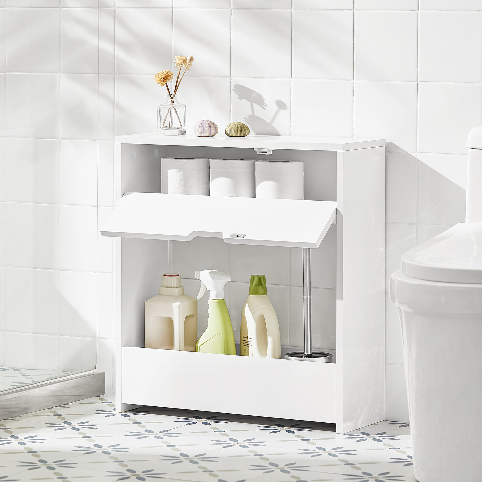 SoBuy BZR48-W, Bathroom Toilet Paper Roll Holder, Bathroom Shelf Narrow Shelf Storage Cabinet