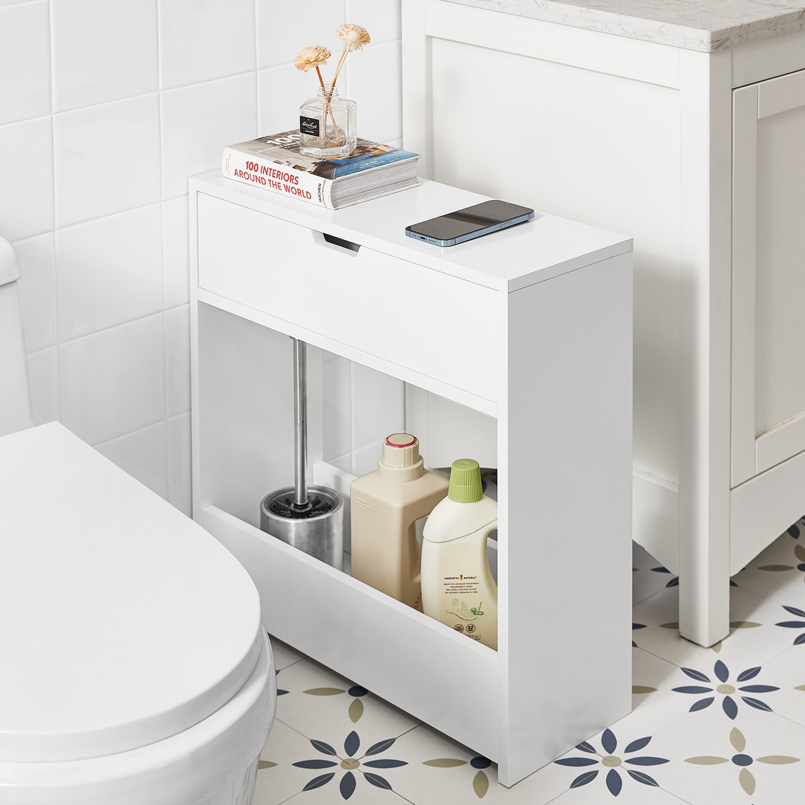 SoBuy BZR48-W, Bathroom Toilet Paper Roll Holder, Bathroom Shelf Narrow Shelf Storage Cabinet
