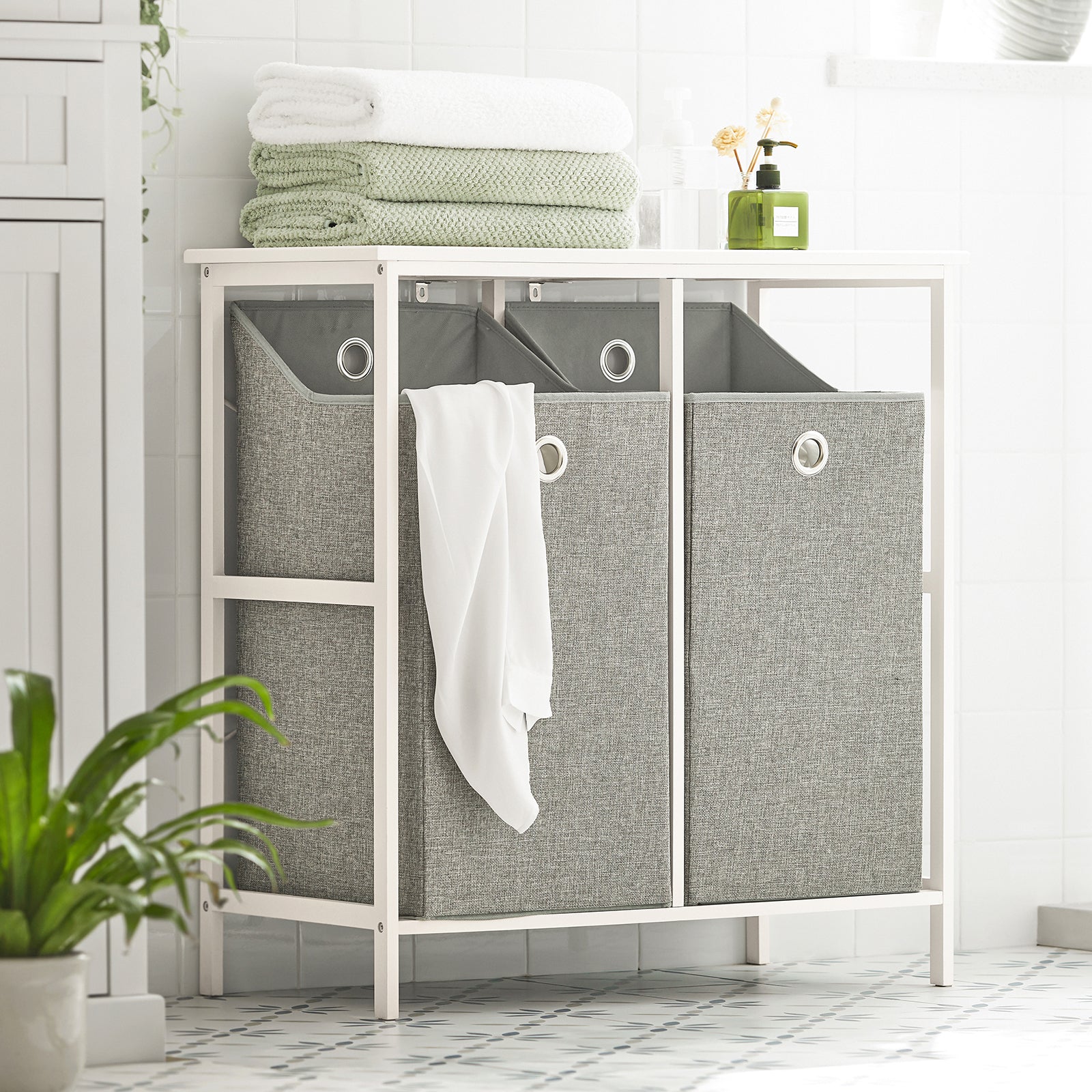 SoBuy BZR57-W Laundry Cabinet Laundry Chest with 2 Removable Laundry Baskets, Bathroom Storage Shelf Rack