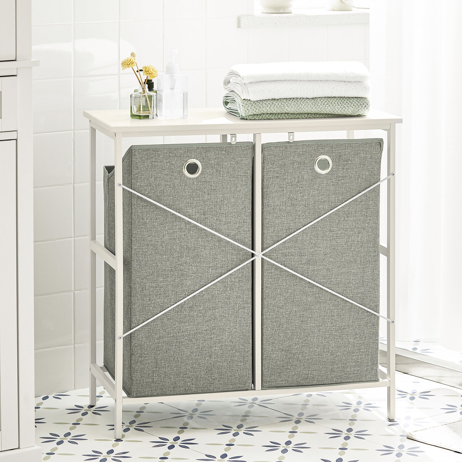 SoBuy BZR57-W Laundry Cabinet Laundry Chest with 2 Removable Laundry Baskets, Bathroom Storage Shelf Rack