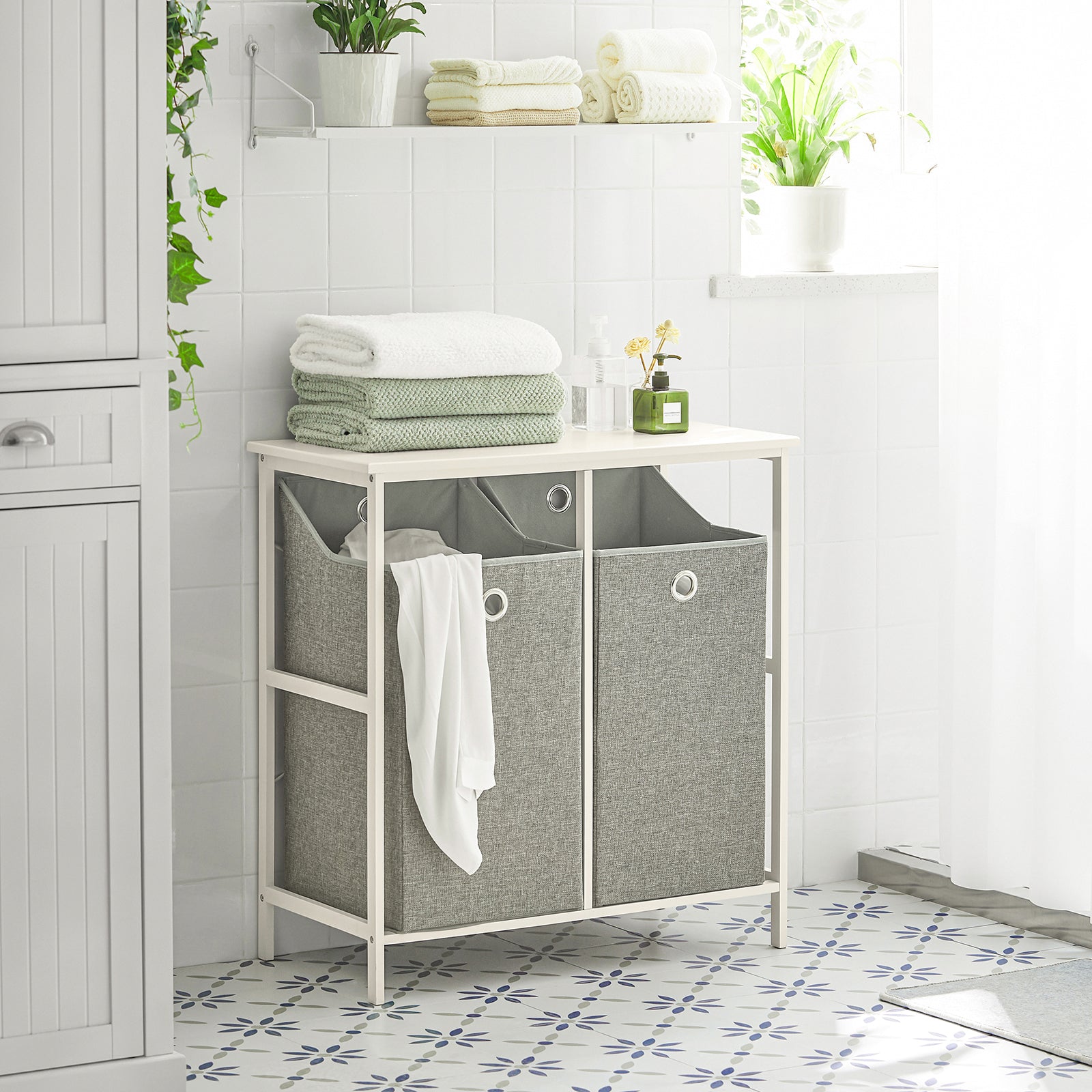 SoBuy BZR57-W Laundry Cabinet Laundry Chest with 2 Removable Laundry Baskets, Bathroom Storage Shelf Rack