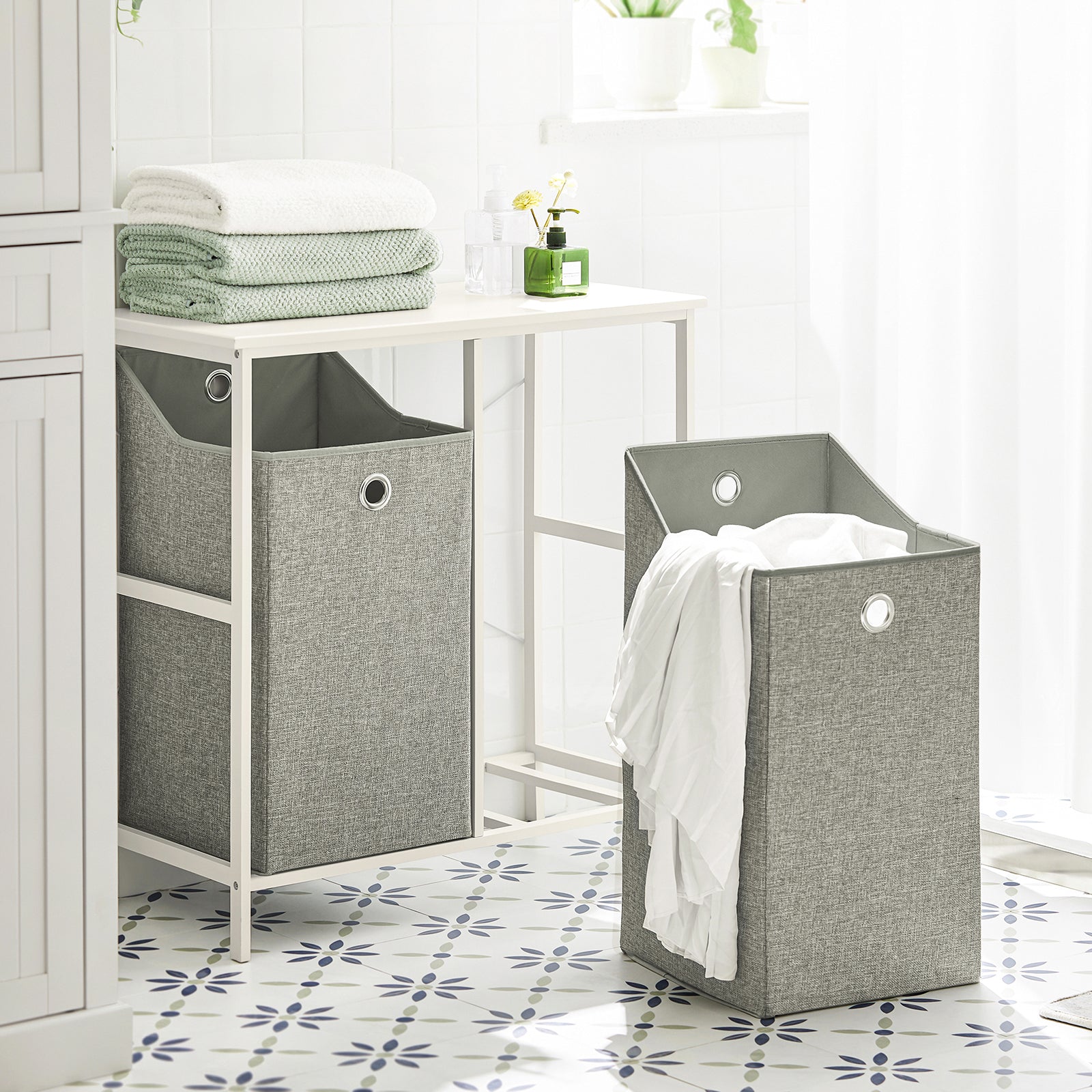 SoBuy BZR57-W Laundry Cabinet Laundry Chest with 2 Removable Laundry Baskets, Bathroom Storage Shelf Rack