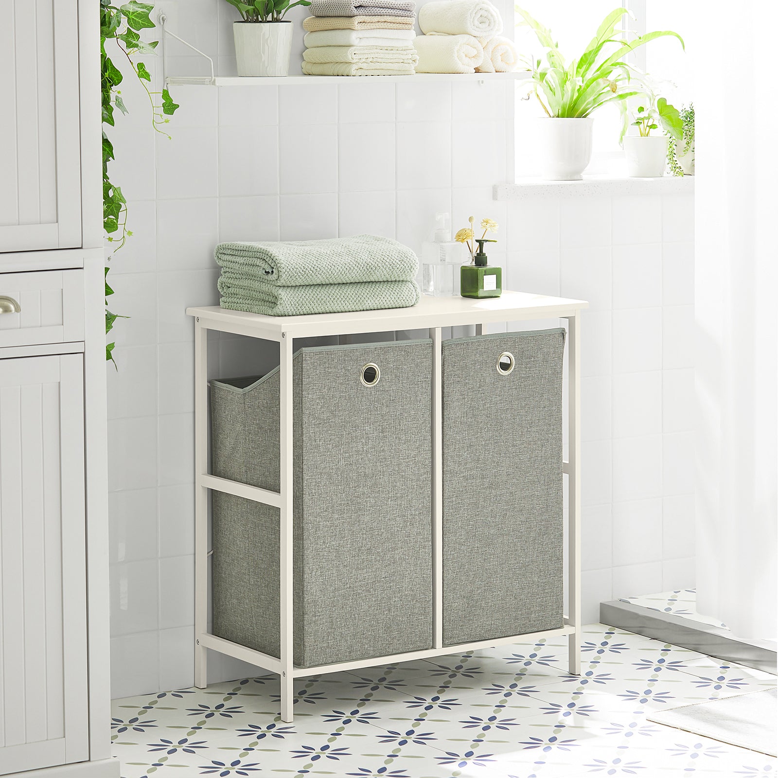 SoBuy BZR57-W Laundry Cabinet Laundry Chest with 2 Removable Laundry Baskets, Bathroom Storage Shelf Rack