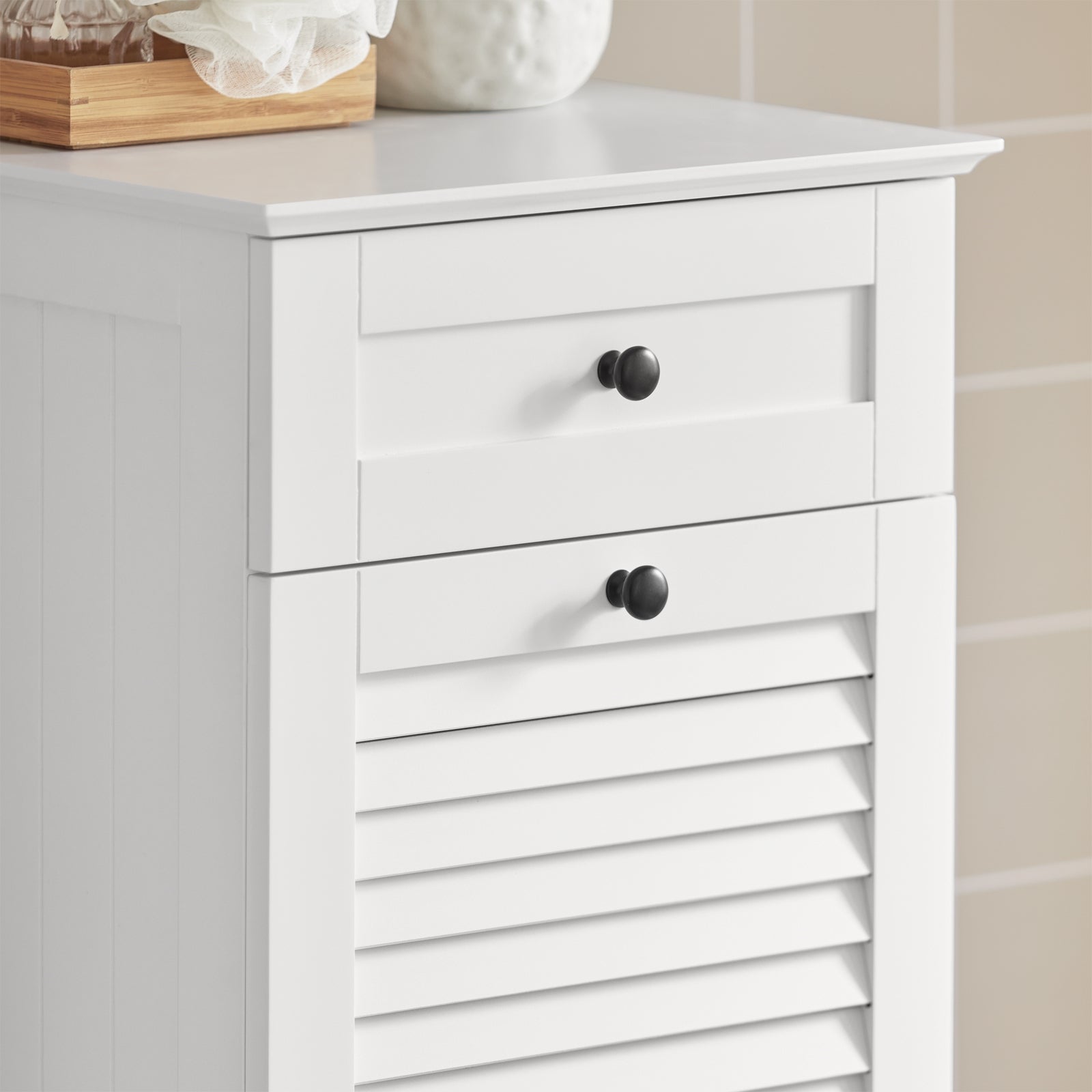 SoBuy BZR73-W,Bathroom Storage Cabinet Unit with Drawer&Laundry Basket,Laundry Cabinet White