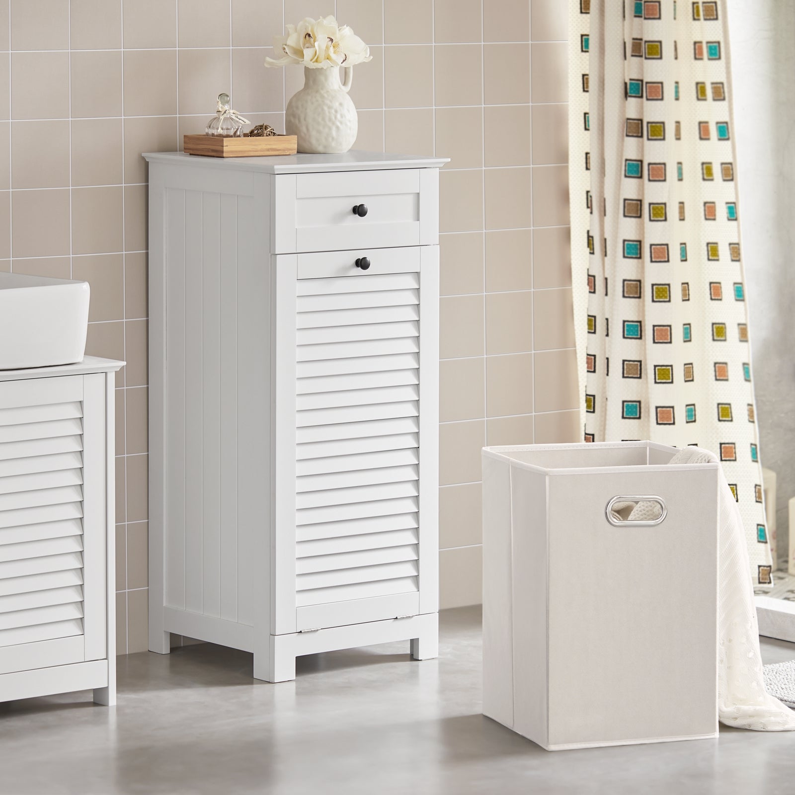 SoBuy BZR73-W,Bathroom Storage Cabinet Unit with Drawer&Laundry Basket,Laundry Cabinet White