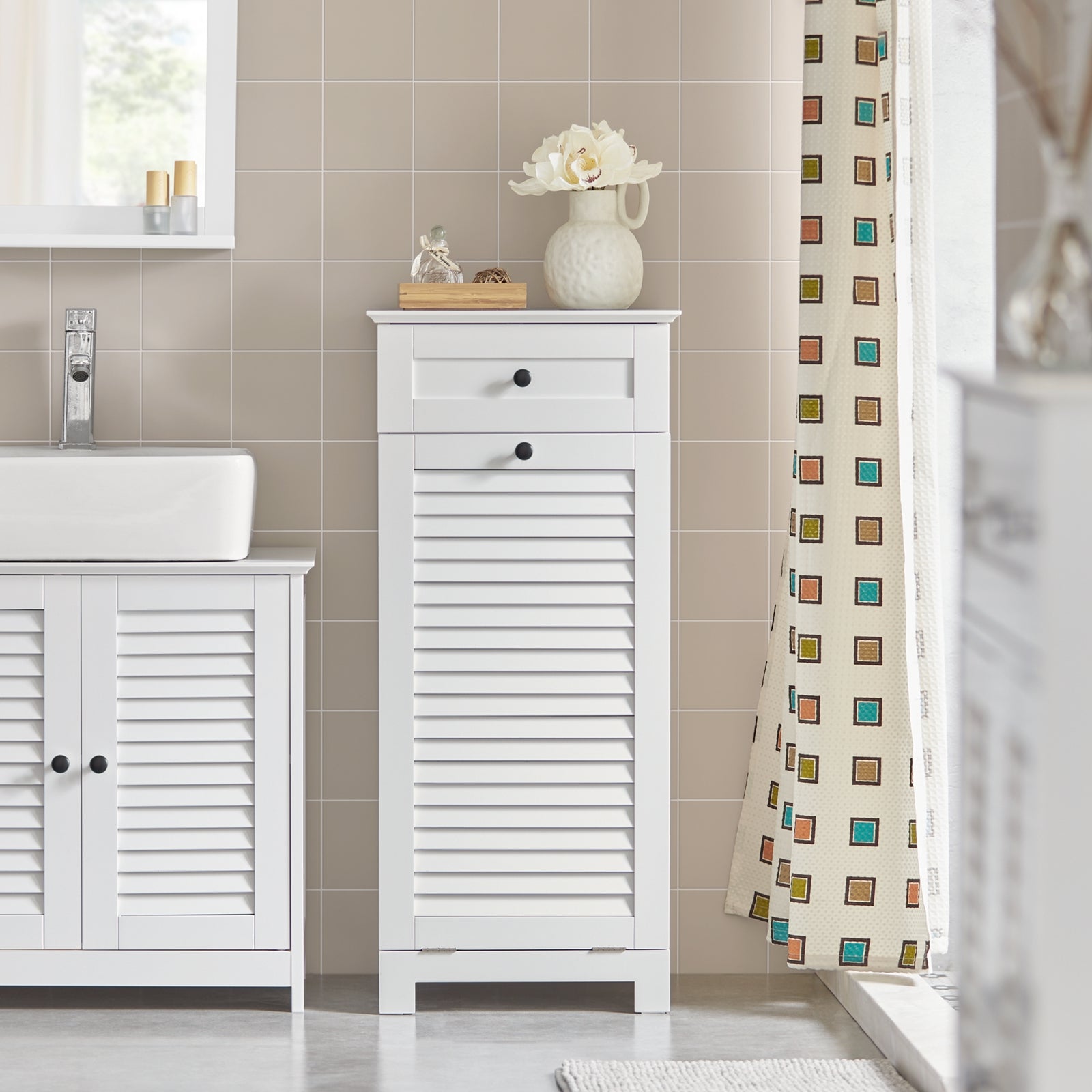 SoBuy BZR73-W,Bathroom Storage Cabinet Unit with Drawer&Laundry Basket,Laundry Cabinet White