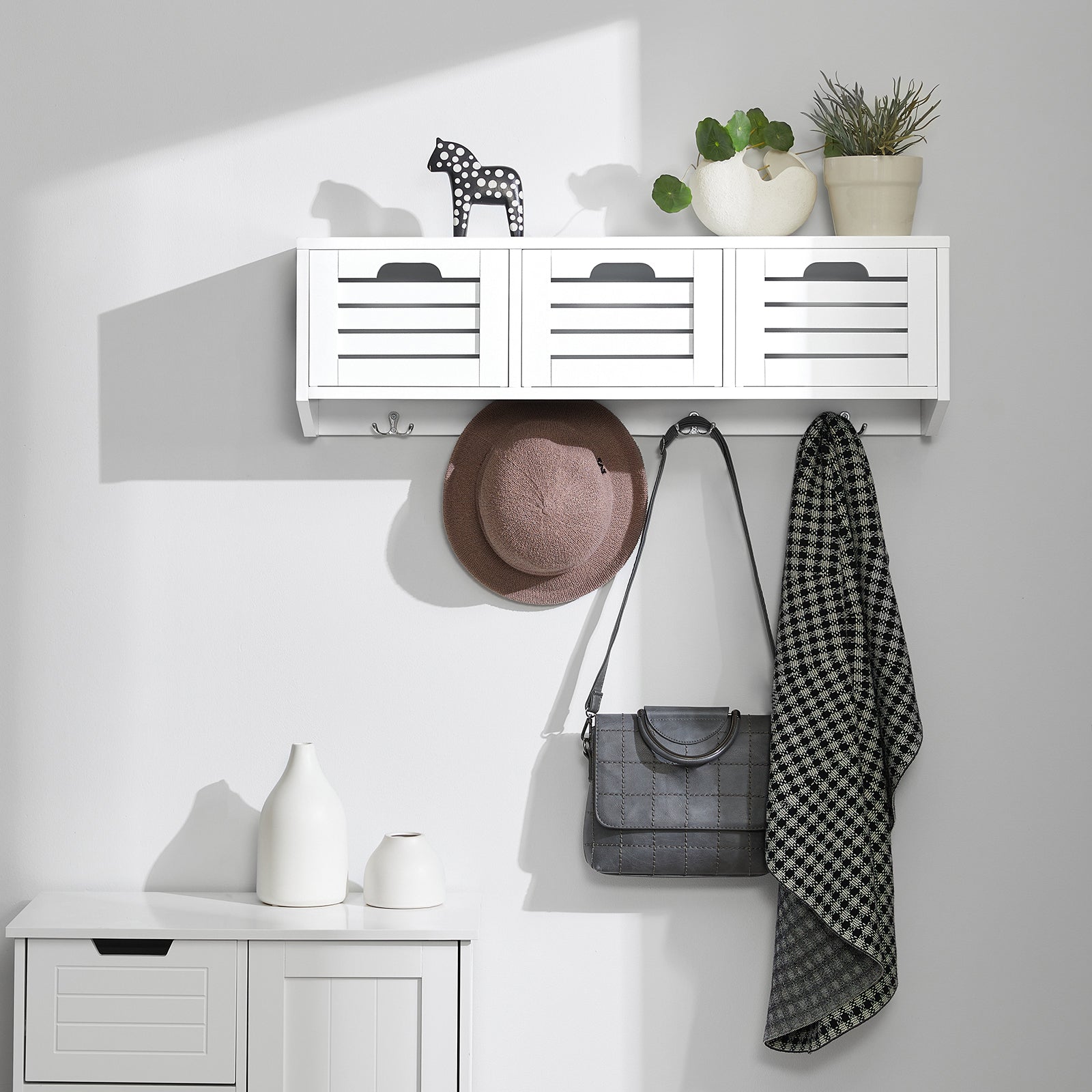 SoBuy FHK19-W, Wall Coat Rack Wall Shelf Wall Storage Cabinet Unit with 3 Drawers 4 Hooks