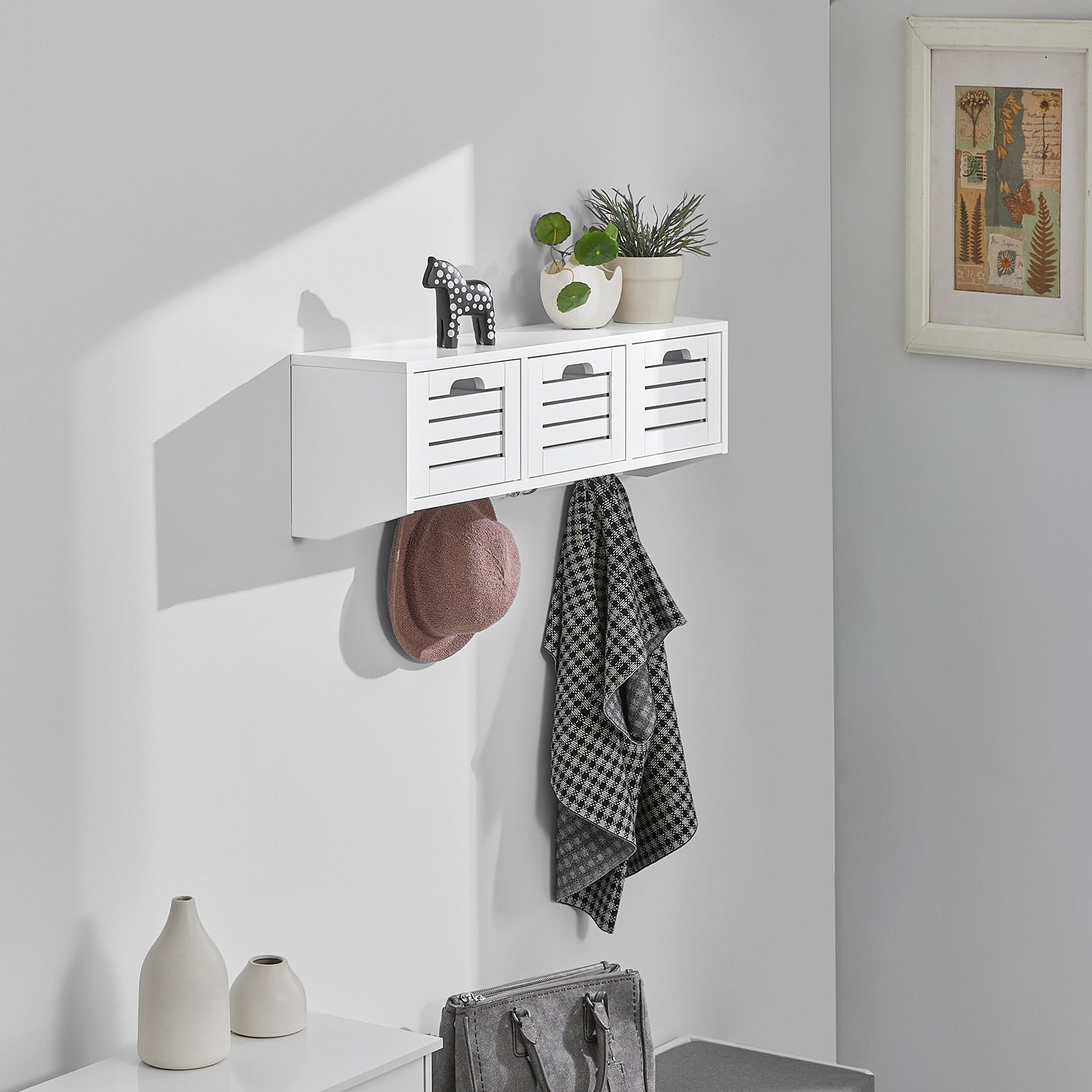SoBuy FHK19-W, Wall Coat Rack Wall Shelf Wall Storage Cabinet Unit with 3 Drawers 4 Hooks
