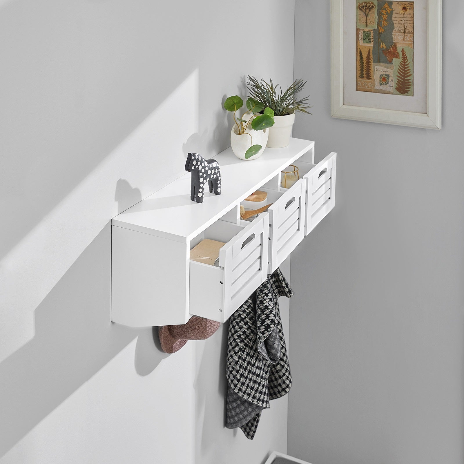 SoBuy FHK19-W, Wall Coat Rack Wall Shelf Wall Storage Cabinet Unit with 3 Drawers 4 Hooks