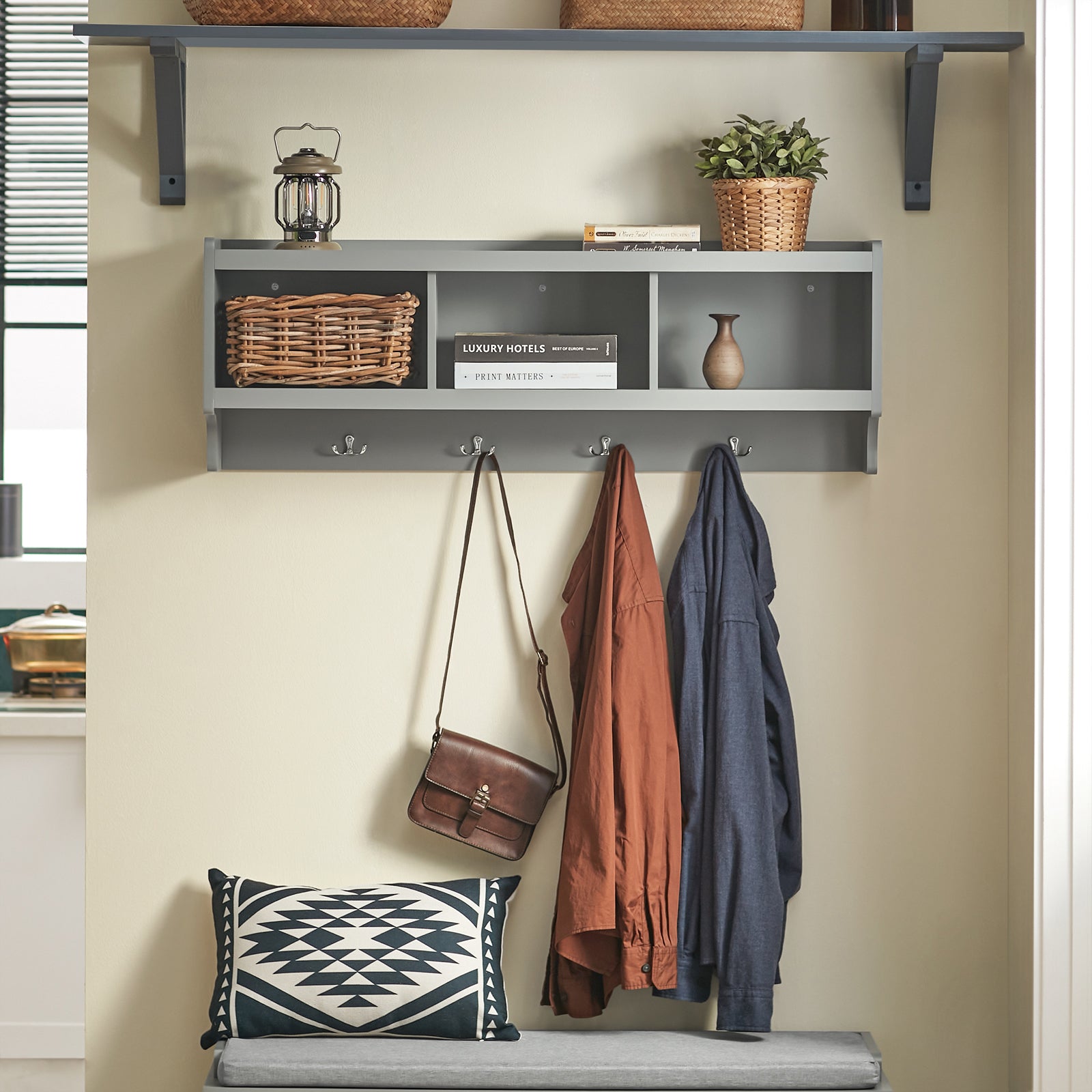 SoBuy FHK28-HG, Wall Coat Rack Wall Shelf Wall Storage Cabinet Unit with Hooks