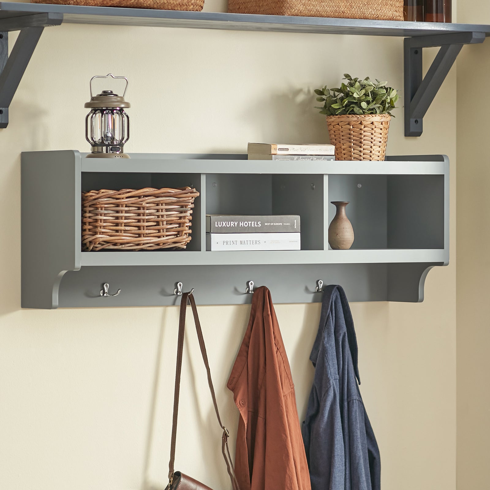 SoBuy FHK28-HG, Wall Coat Rack Wall Shelf Wall Storage Cabinet Unit with Hooks