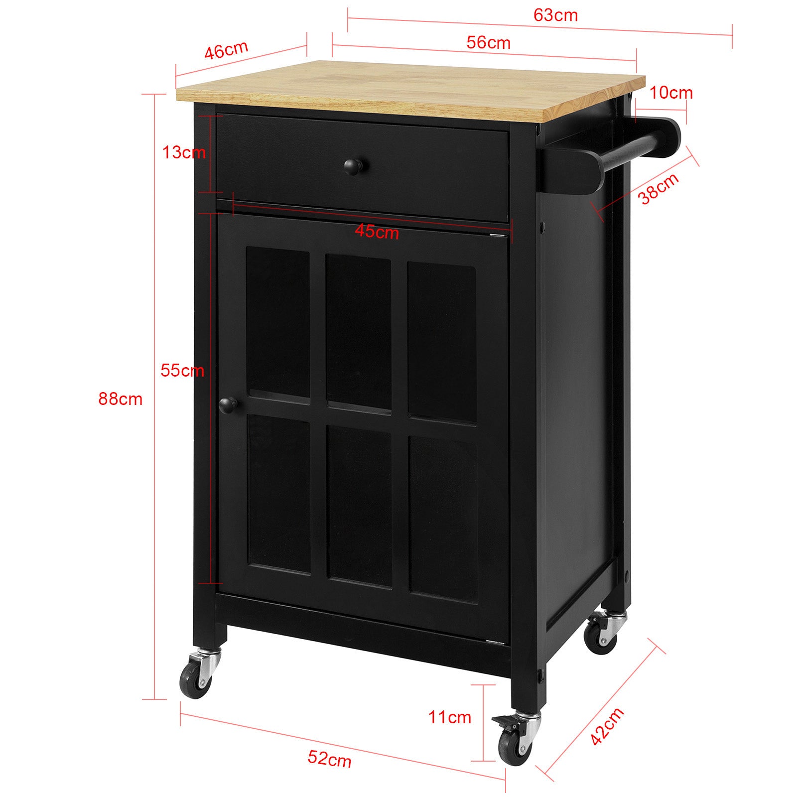 SoBuy FKW98-SCH, Kitchen Storage Trolley Serving Trolley with Rubber Wood Work top, Black