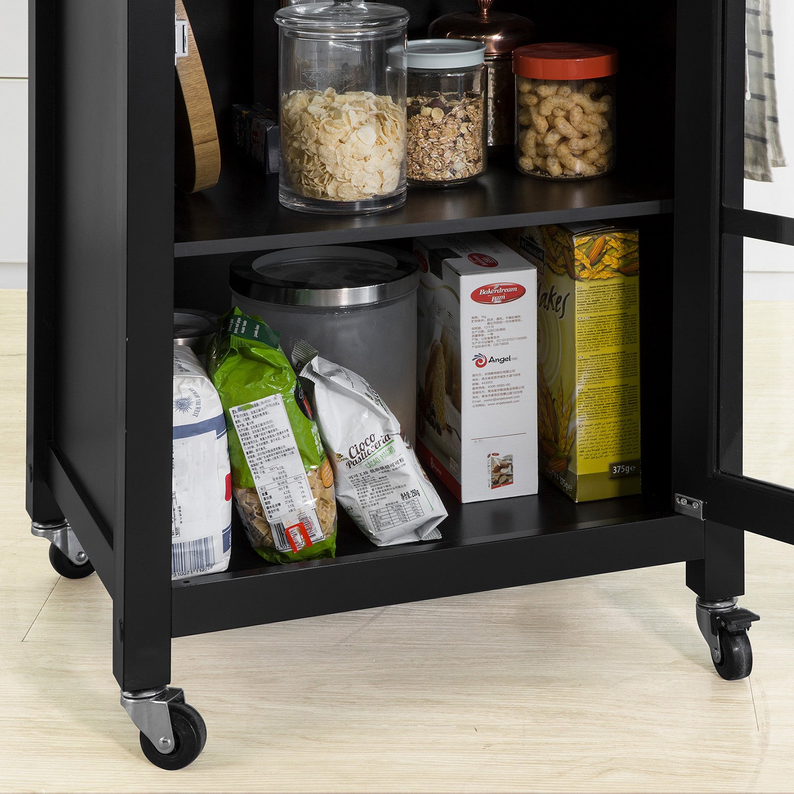 SoBuy FKW98-SCH, Kitchen Storage Trolley Serving Trolley with Rubber Wood Work top, Black