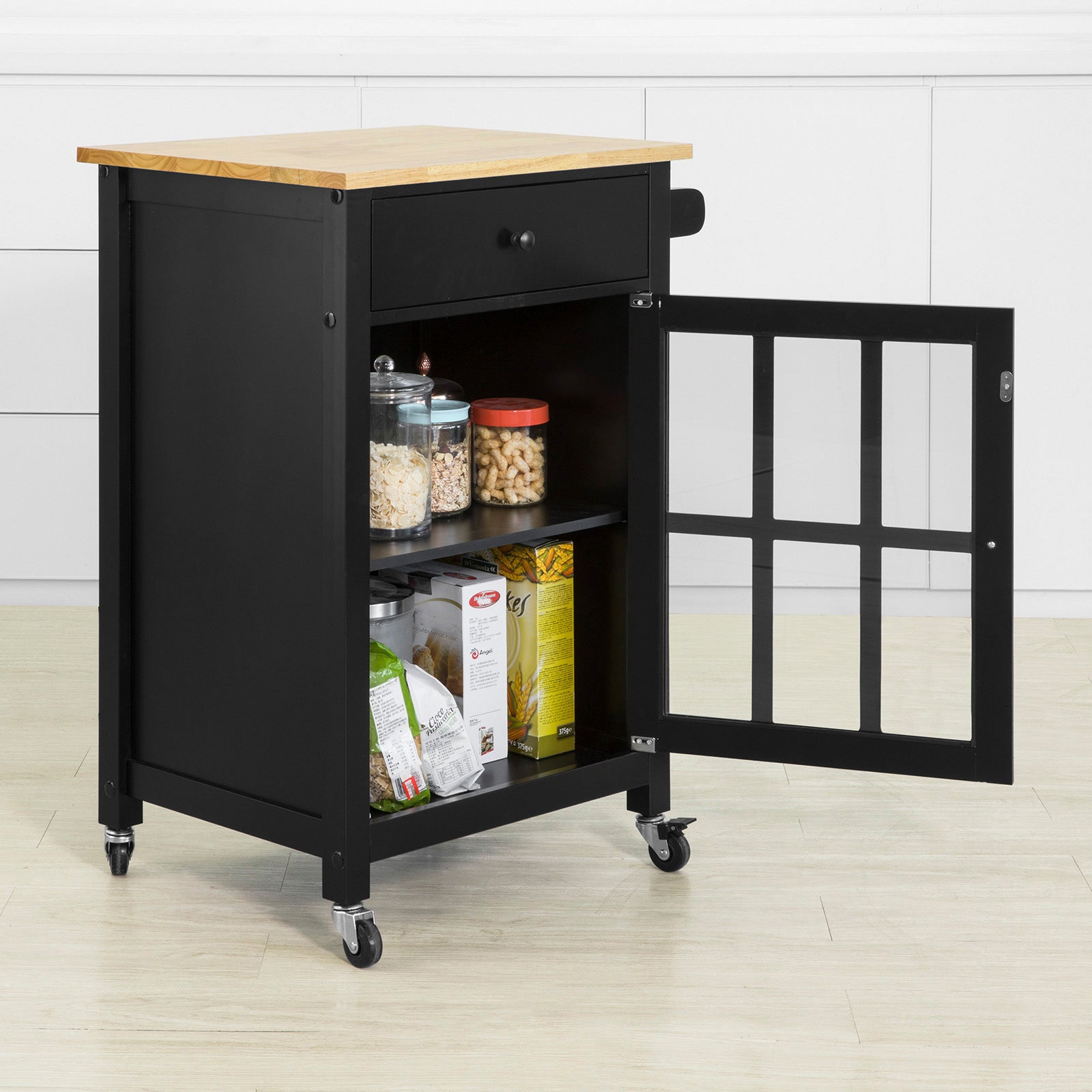 SoBuy FKW98-SCH, Kitchen Storage Trolley Serving Trolley with Rubber Wood Work top, Black
