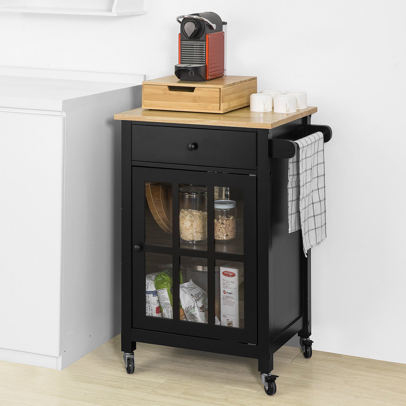 SoBuy FKW98-SCH, Kitchen Storage Trolley Serving Trolley with Rubber Wood Work top, Black