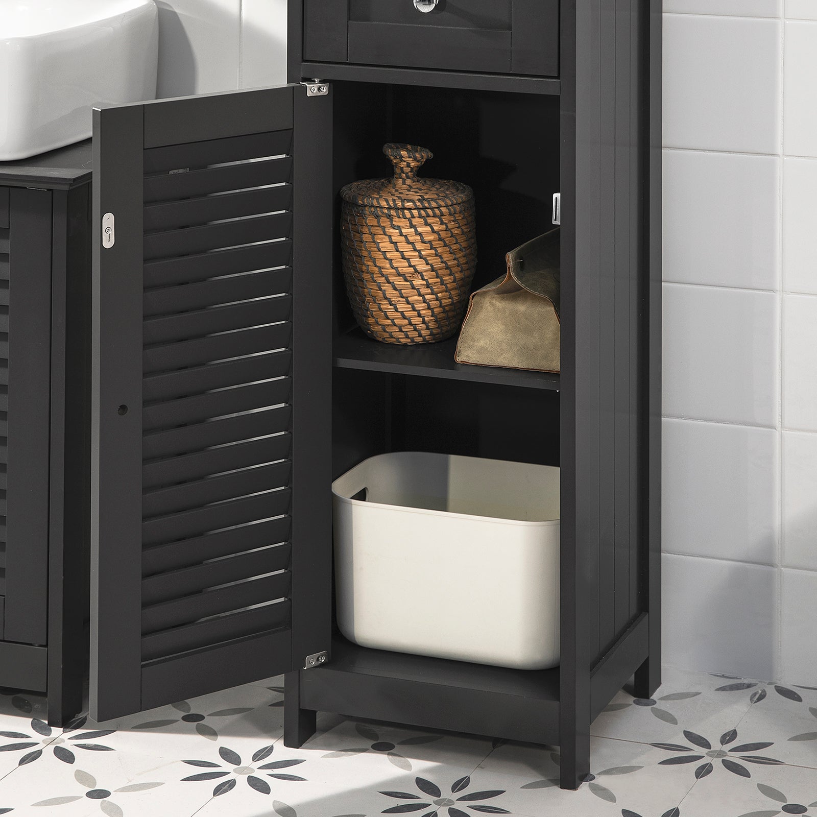 SoBuy FRG236-DG,Tall Bathroom Cabinet,Storage Unit with 2 Shutter Doors and 1 Drawer, H170cm