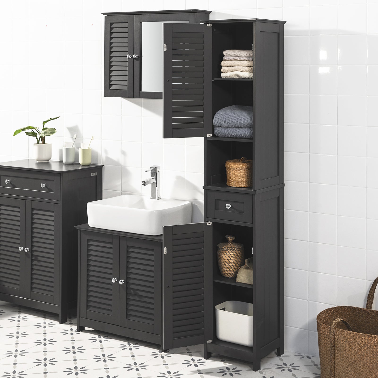SoBuy FRG236-DG,Tall Bathroom Cabinet,Storage Unit with 2 Shutter Doors and 1 Drawer, H170cm