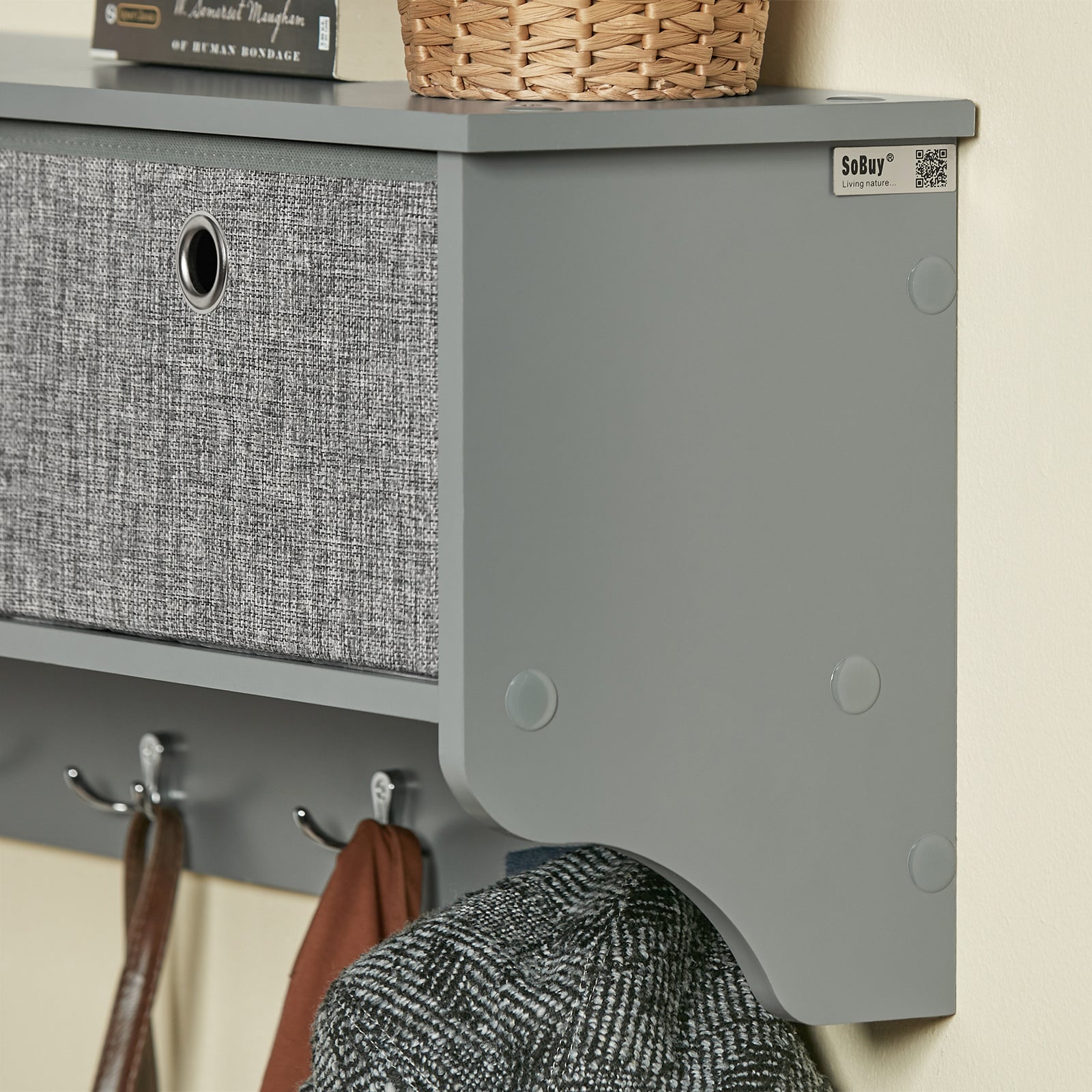 SoBuy FRG282-HG,Wall Coat Rack Wall Shelf Wall Storage Cabinet Unit with 3 Baskets 5 Hooks,Grey