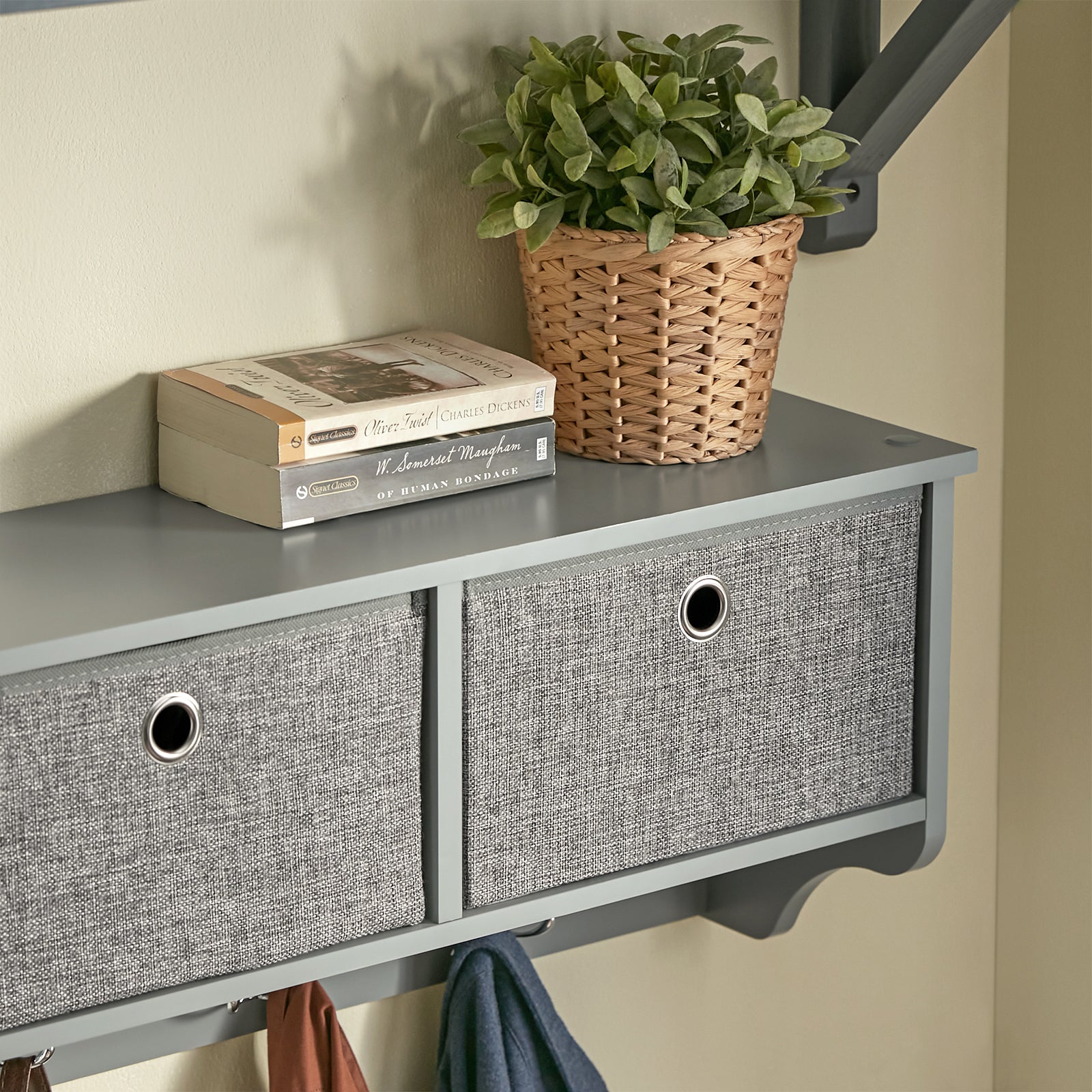 SoBuy FRG282-HG,Wall Coat Rack Wall Shelf Wall Storage Cabinet Unit with 3 Baskets 5 Hooks,Grey