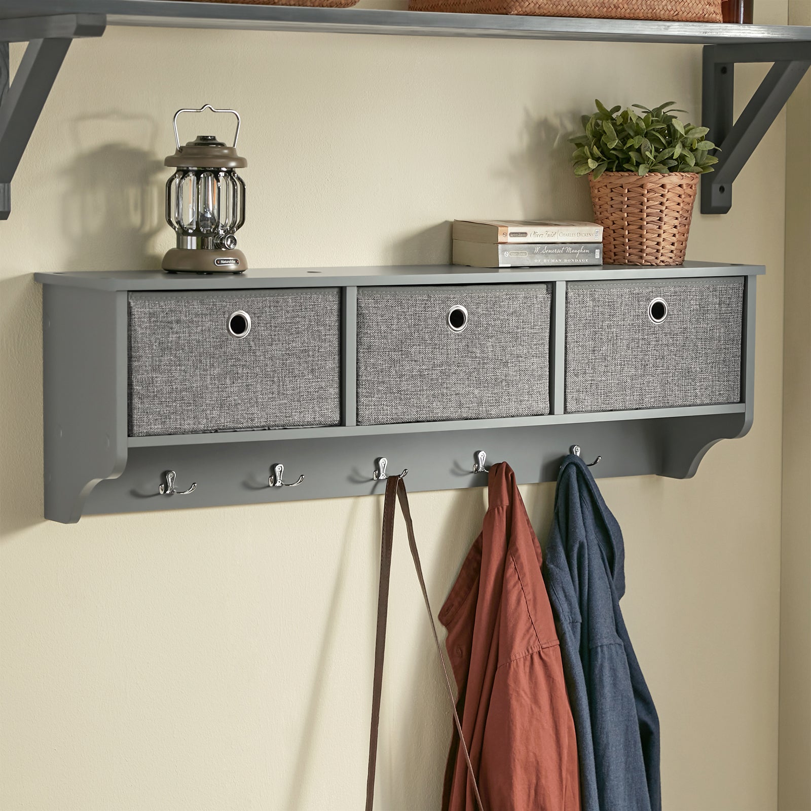 SoBuy FRG282-HG,Wall Coat Rack Wall Shelf Wall Storage Cabinet Unit with 3 Baskets 5 Hooks,Grey