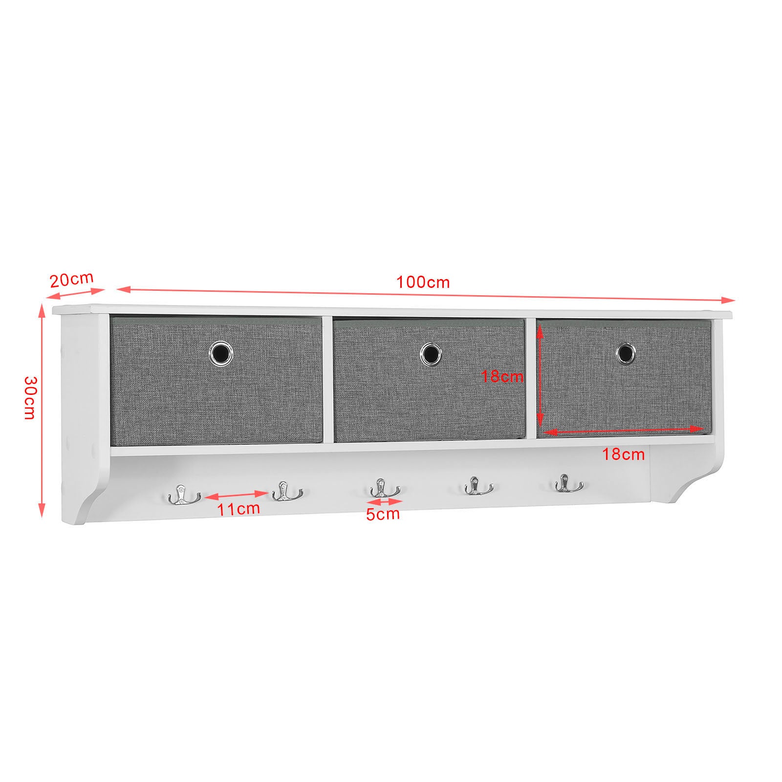 SoBuy FRG282-W, Wall Coat Rack Wall Shelf Wall Storage Cabinet Unit with 3 Baskets 5 Hooks
