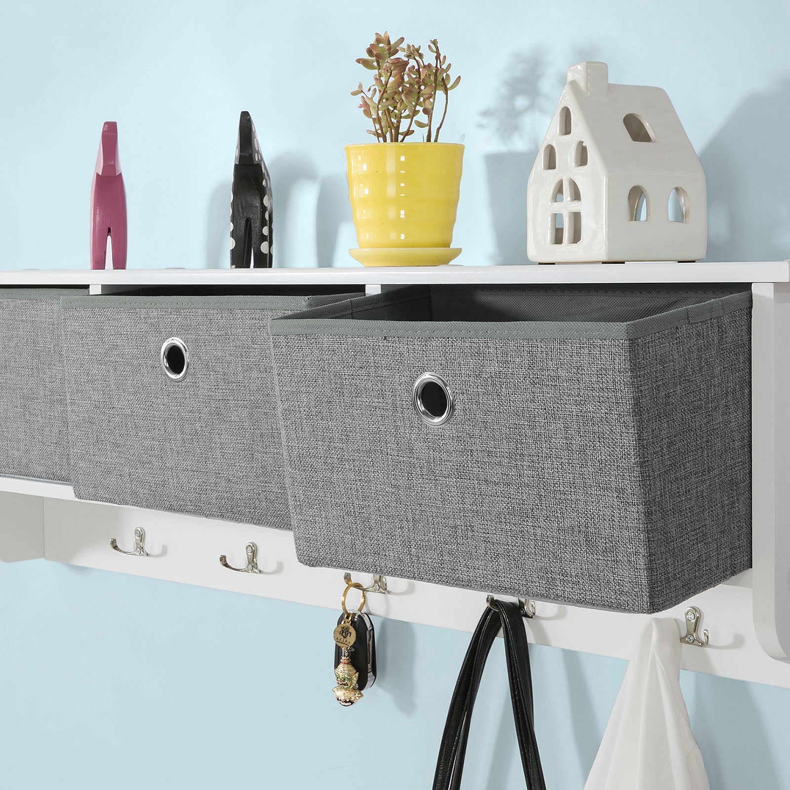 SoBuy FRG282-W, Wall Coat Rack Wall Shelf Wall Storage Cabinet Unit with 3 Baskets 5 Hooks