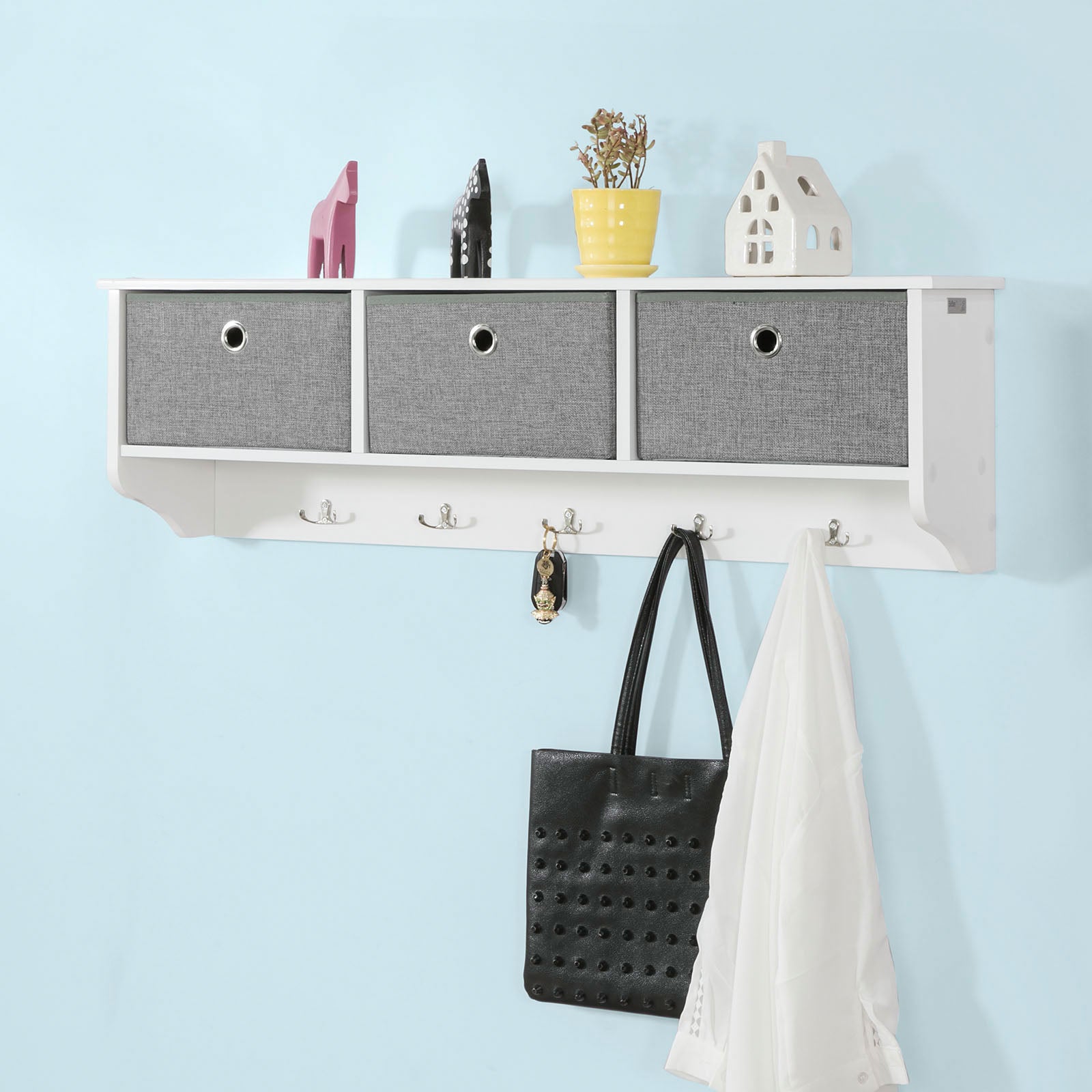 SoBuy FRG282-W, Wall Coat Rack Wall Shelf Wall Storage Cabinet Unit with 3 Baskets 5 Hooks