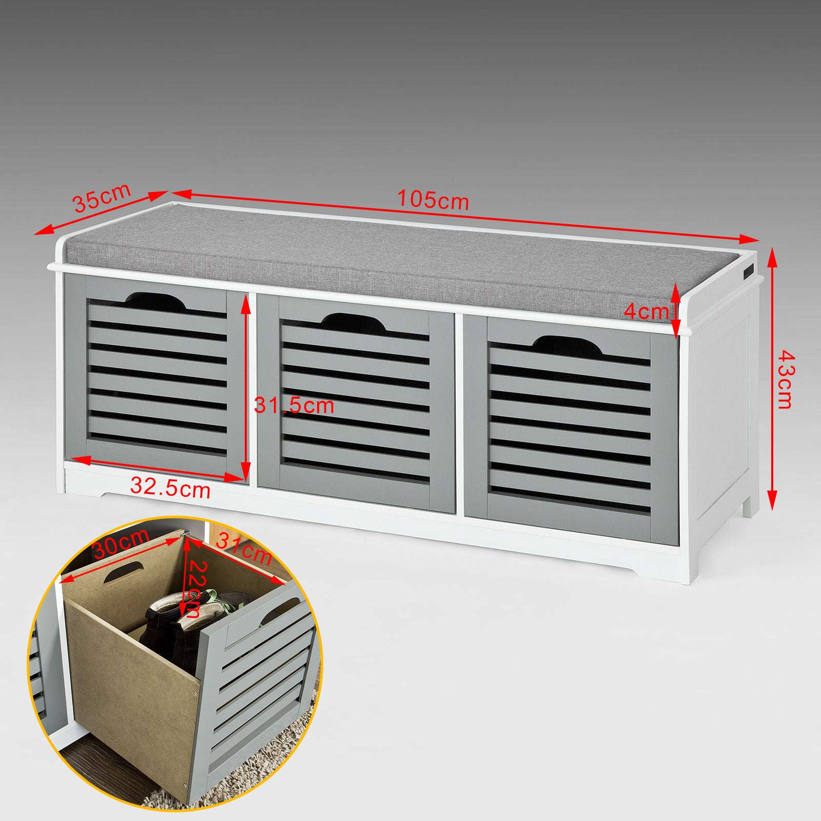 SoBuy Padd Hallway Shoe Storage Bench with 3 Drawers, FSR23-HG