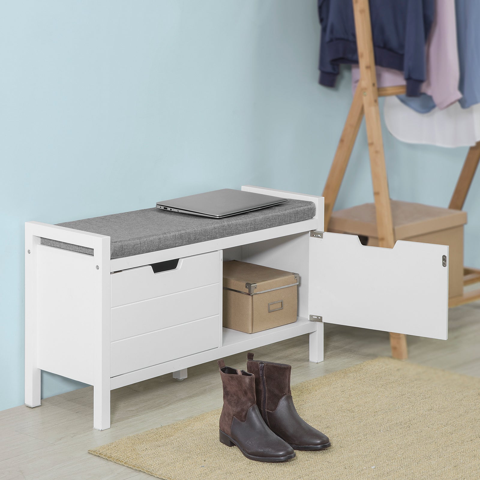 SoBuy FSR63-W, Shoe Bench Shoe Rack Shoe Cabinet Hallway Storage Bench with Seat Cushion