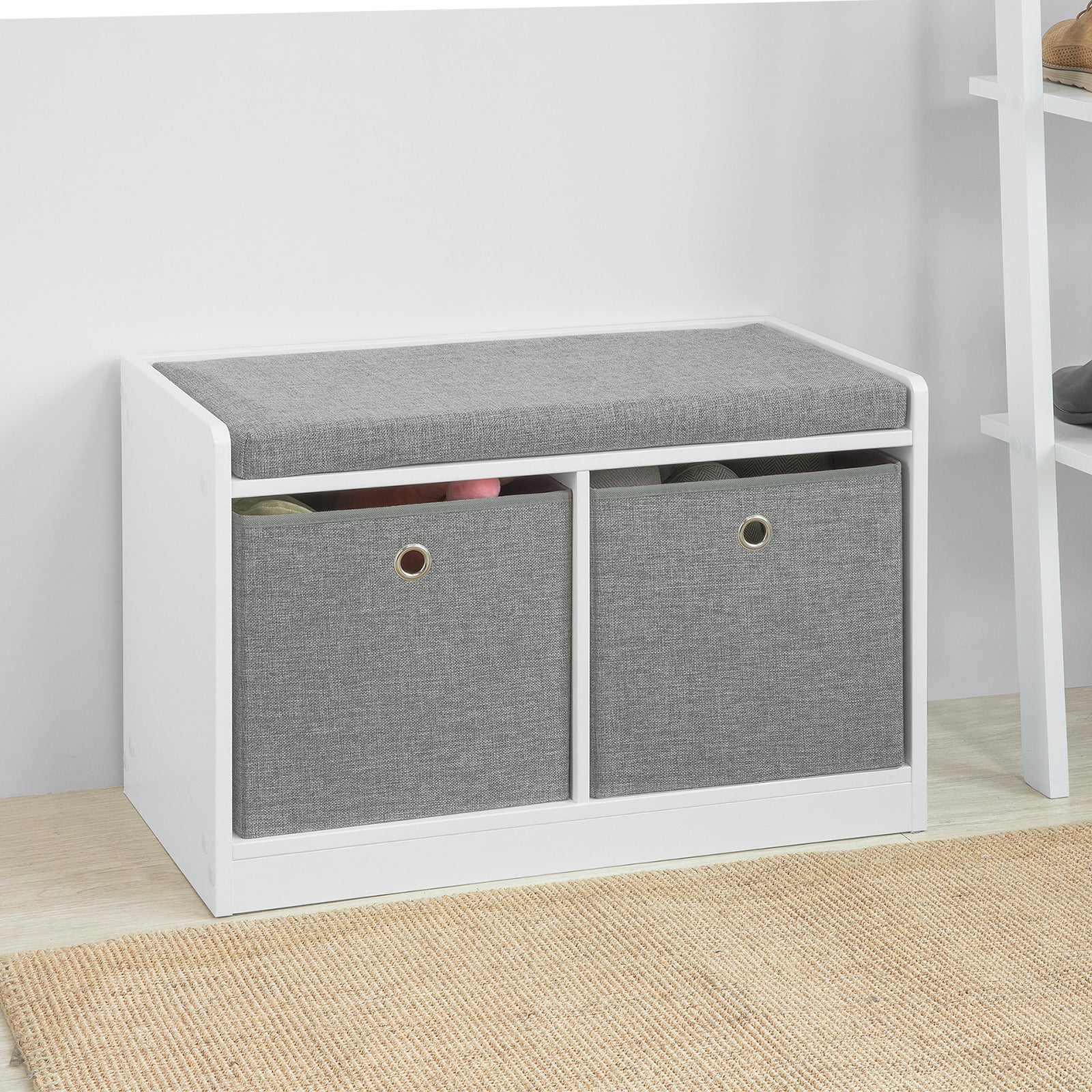 SoBuy FSR65-K-DG, 2 Baskets Hallway Bedroom Storage Bench, Shoe Bench Shoe Rack Shoe Cabinet with Seat Cushion