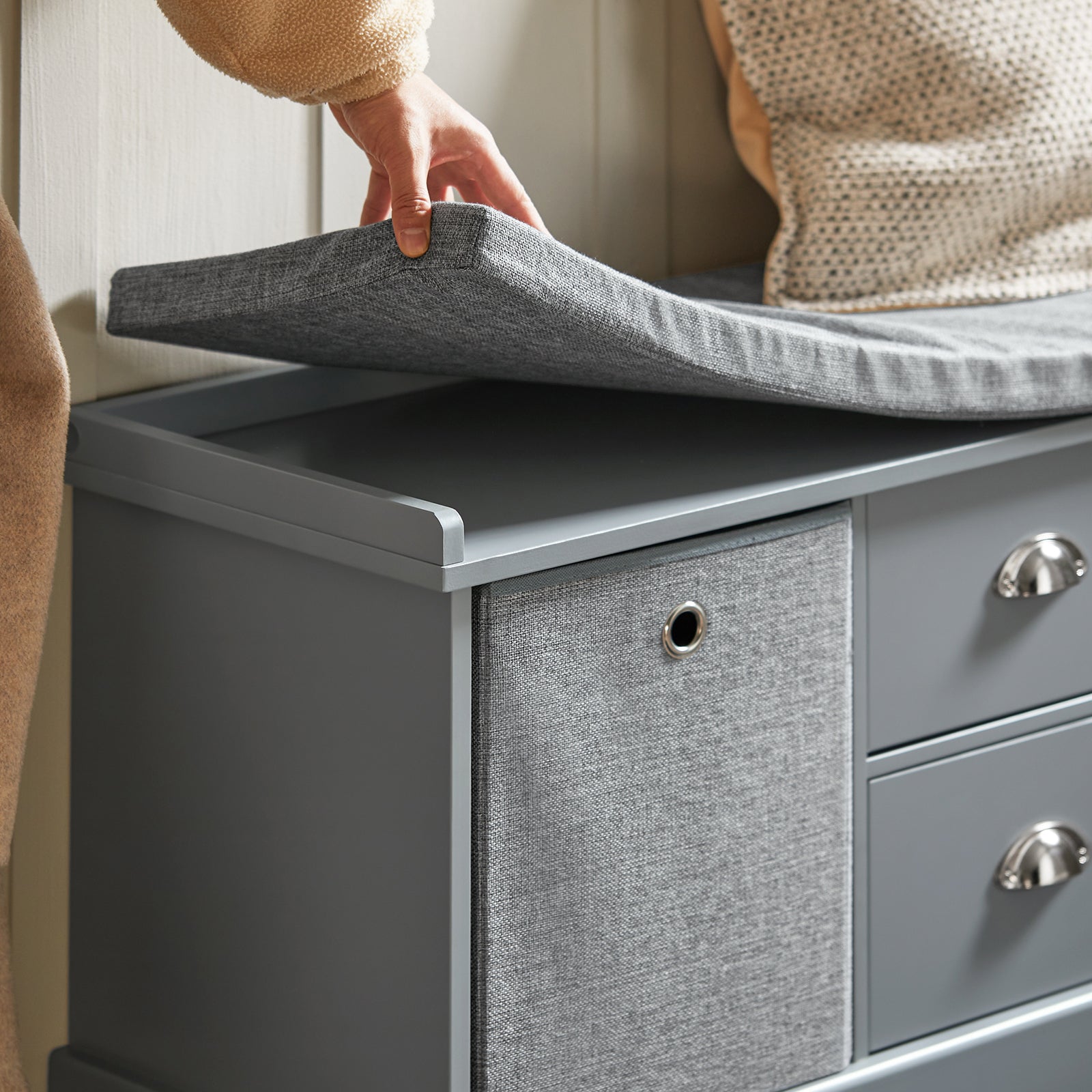 SoBuy FSR66-DG,2 Baskets 2 Drawers Hallway Bedroom Storage Bench,Shoe Bench,Shoe Cabinet with Seat Cushion,Grey