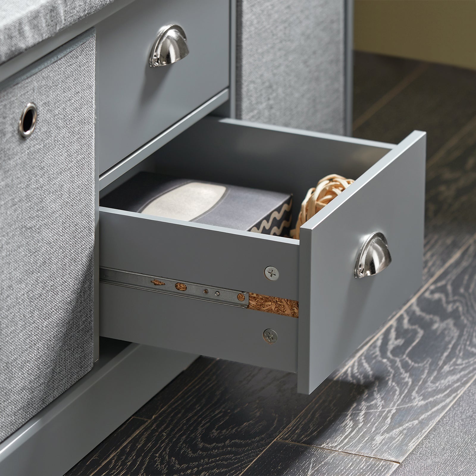 SoBuy FSR66-DG,2 Baskets 2 Drawers Hallway Bedroom Storage Bench,Shoe Bench,Shoe Cabinet with Seat Cushion,Grey