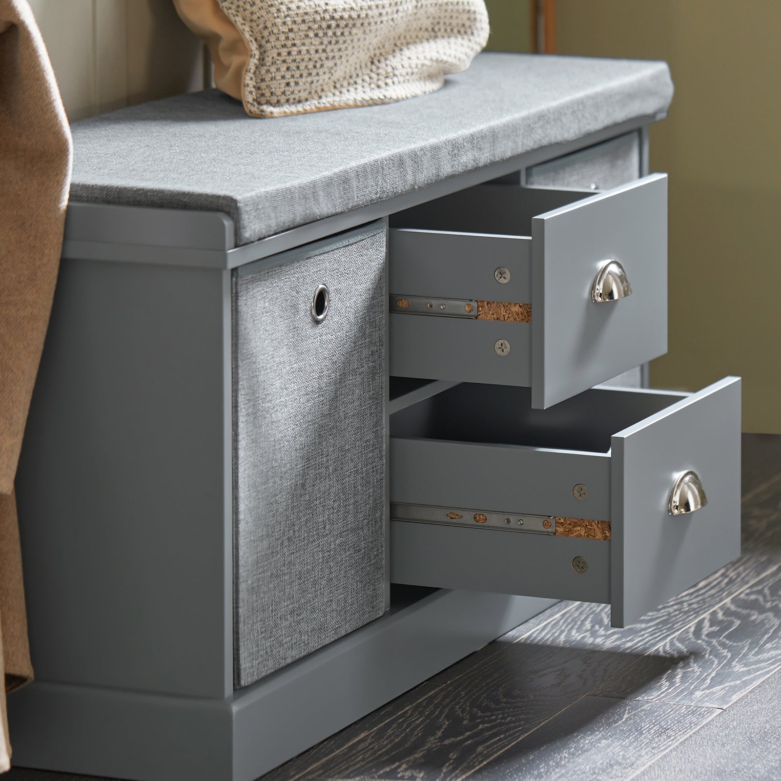 SoBuy FSR66-DG,2 Baskets 2 Drawers Hallway Bedroom Storage Bench,Shoe Bench,Shoe Cabinet with Seat Cushion,Grey