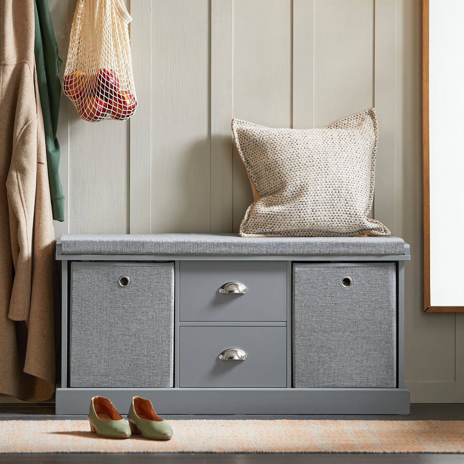 SoBuy FSR66-DG,2 Baskets 2 Drawers Hallway Bedroom Storage Bench,Shoe Bench,Shoe Cabinet with Seat Cushion,Grey