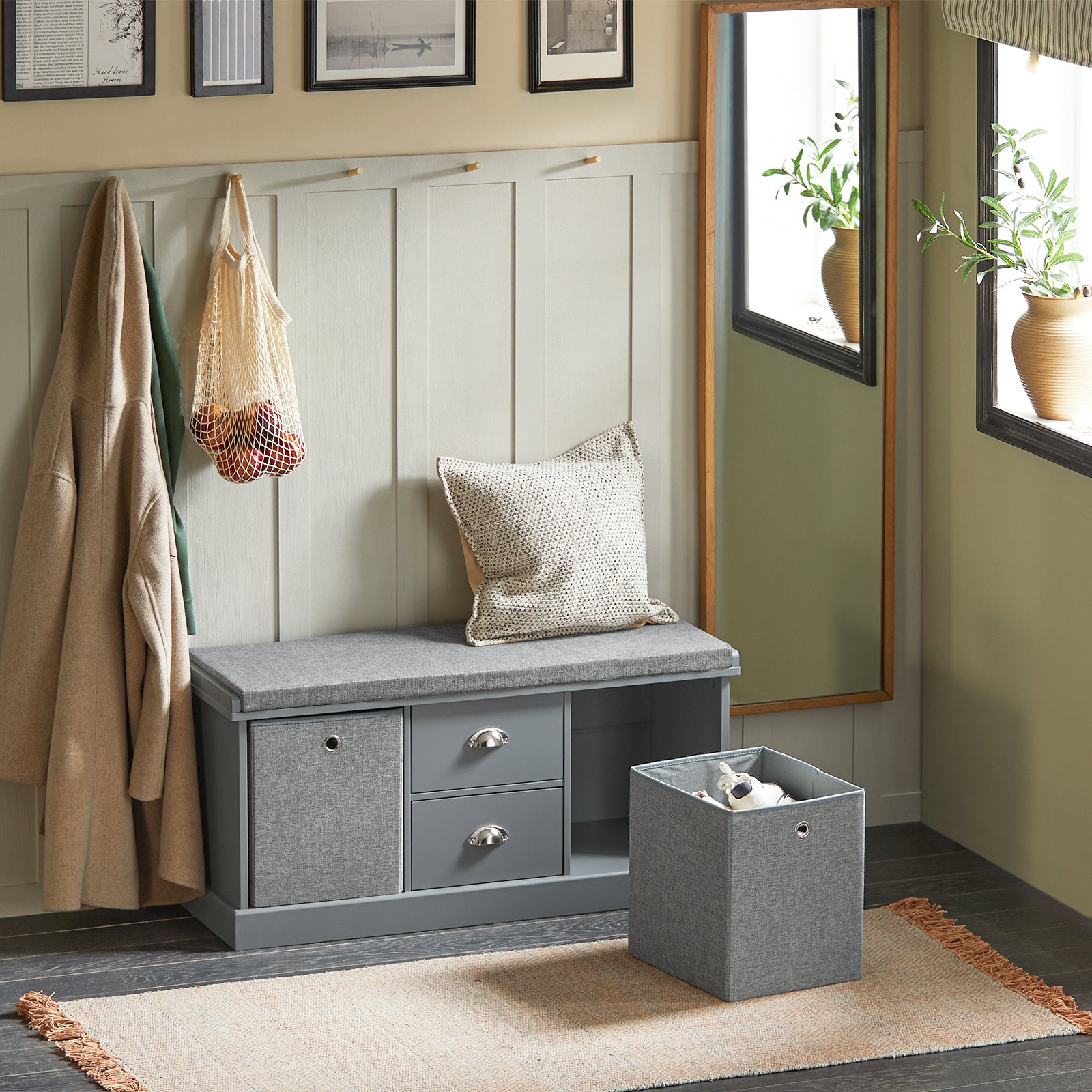 SoBuy FSR66-DG,2 Baskets 2 Drawers Hallway Bedroom Storage Bench,Shoe Bench,Shoe Cabinet with Seat Cushion,Grey