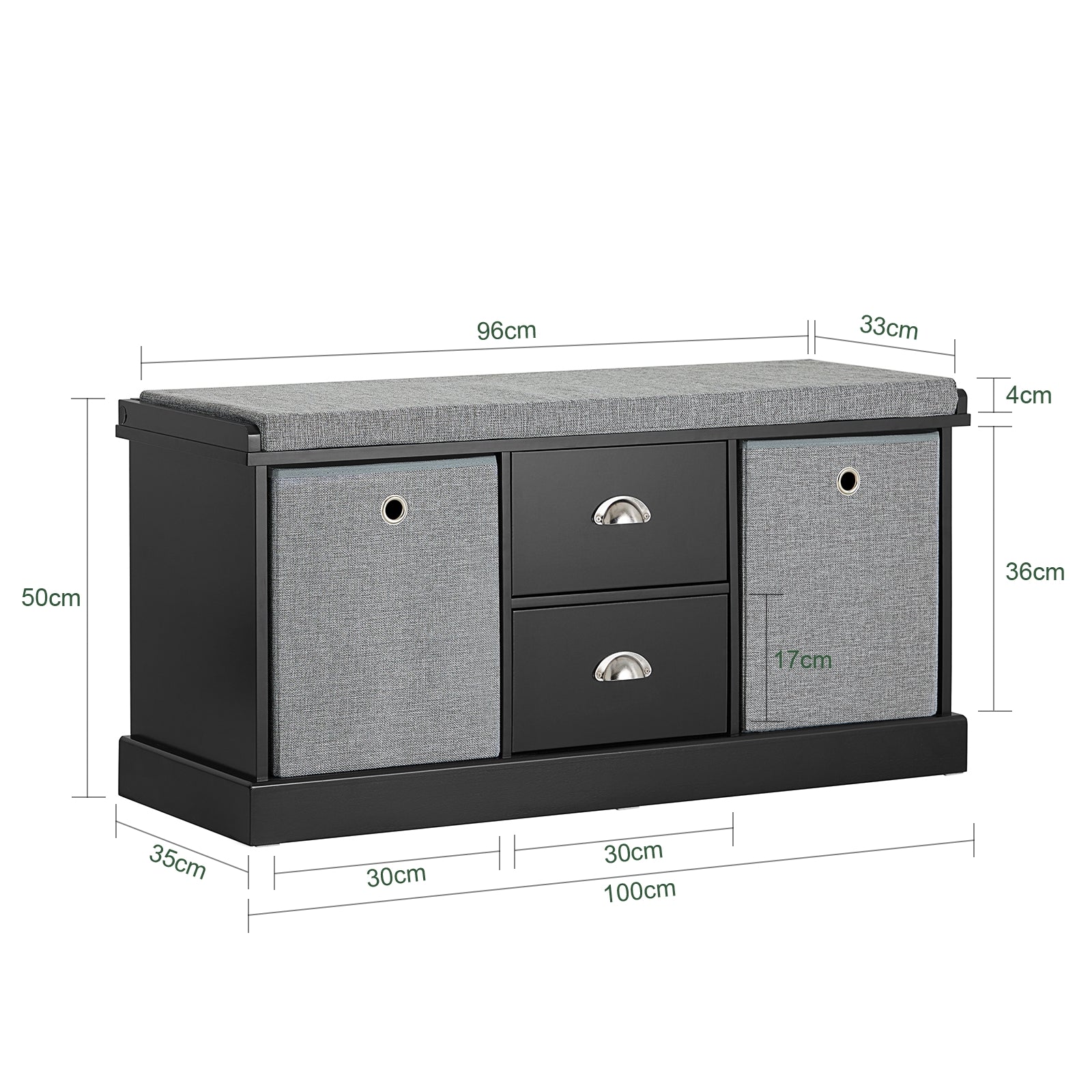 SoBuy FSR66-SCH,2 Baskets 2 Drawers Hallway Bedroom Storage Bench,Shoe Bench,Shoe Cabinet with Seat Cushion,Black
