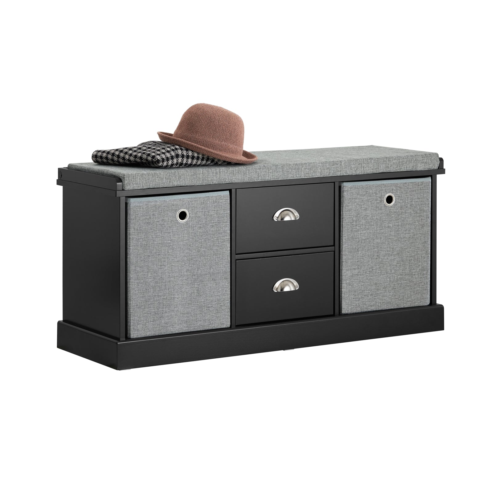 SoBuy FSR66-SCH,2 Baskets 2 Drawers Hallway Bedroom Storage Bench,Shoe Bench,Shoe Cabinet with Seat Cushion,Black